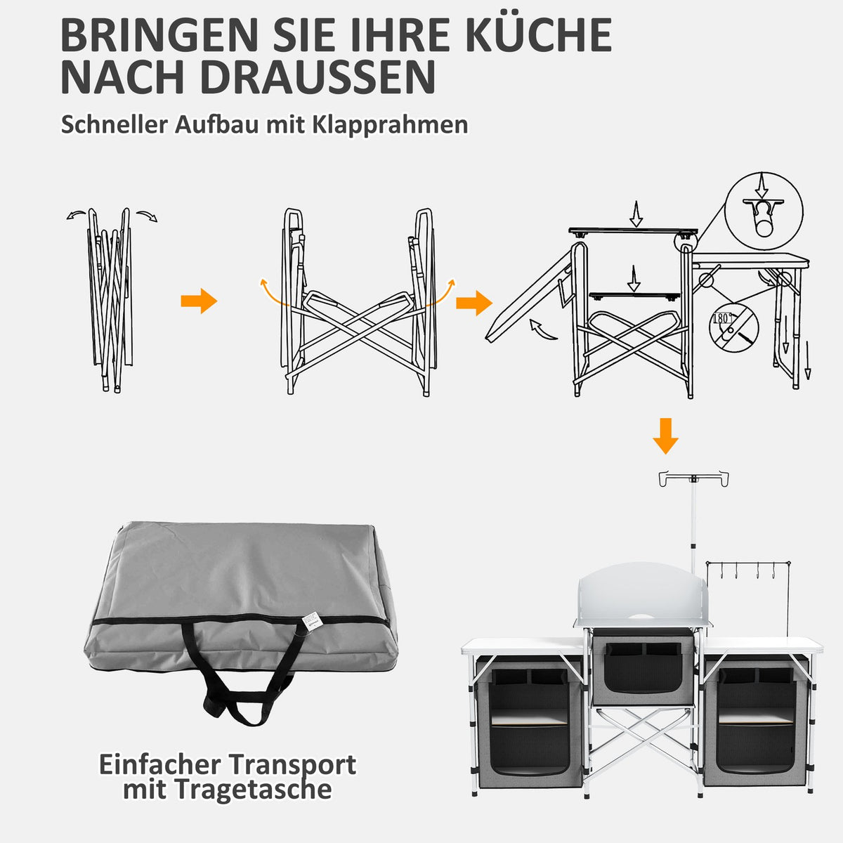 Camping Kitchen Folding Kitchen Wind Protection 3 Cabinets 3 Worktops Adjustable Light Stand Camping Garden Aluminum Oxford Gray