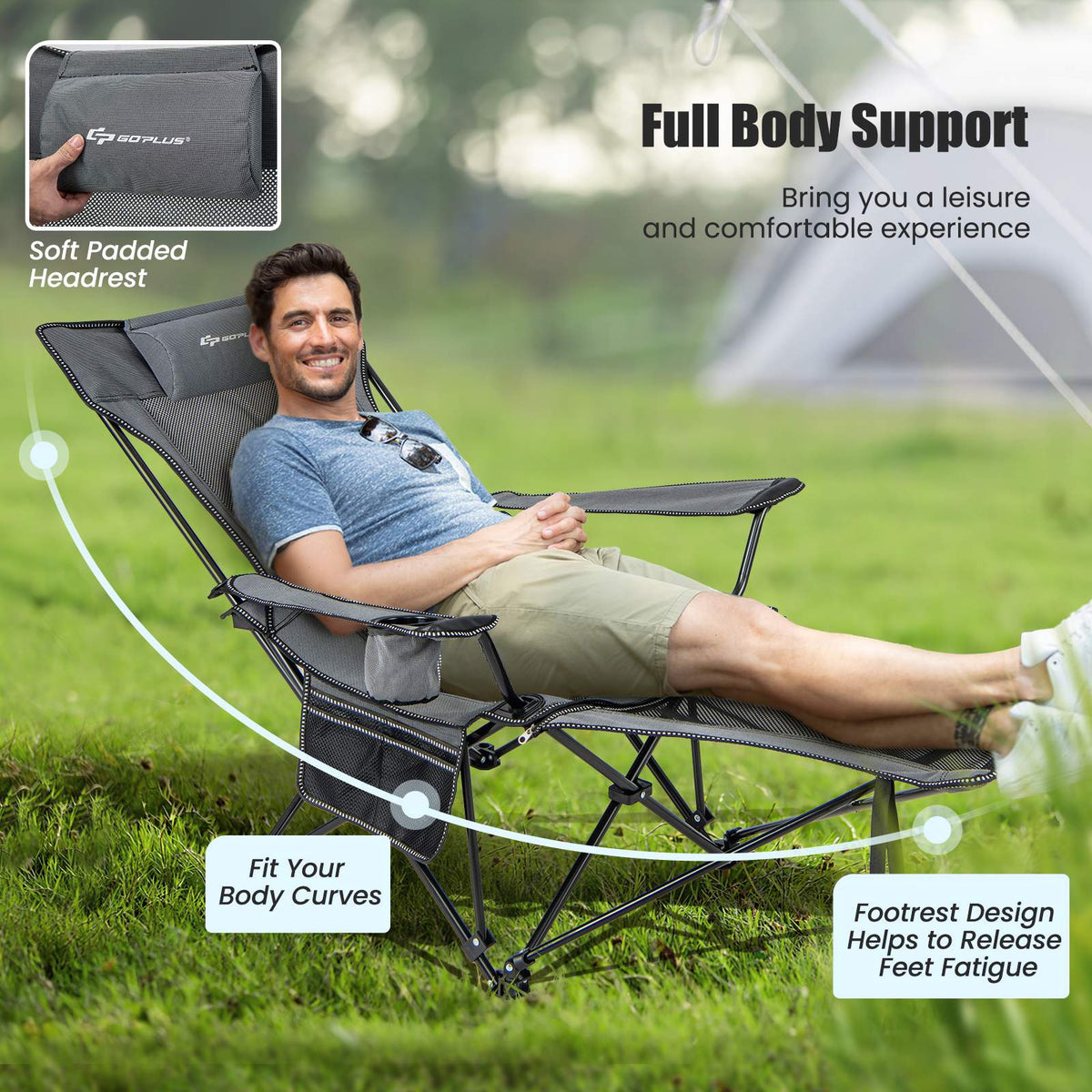 Camping Lounge Chair – Adjustable Backrest, Detachable Footrest, Gray