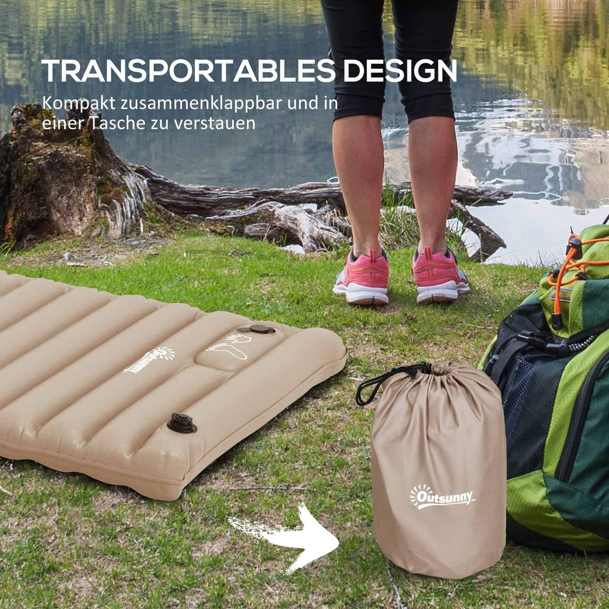 Camping Sleeping Mat, Air Mattress With Foot Pump, Water-Repellent Air Bed With Carry Bag, Sleeping Mat For Garden, Holds Up To 120 Kg, Khaki