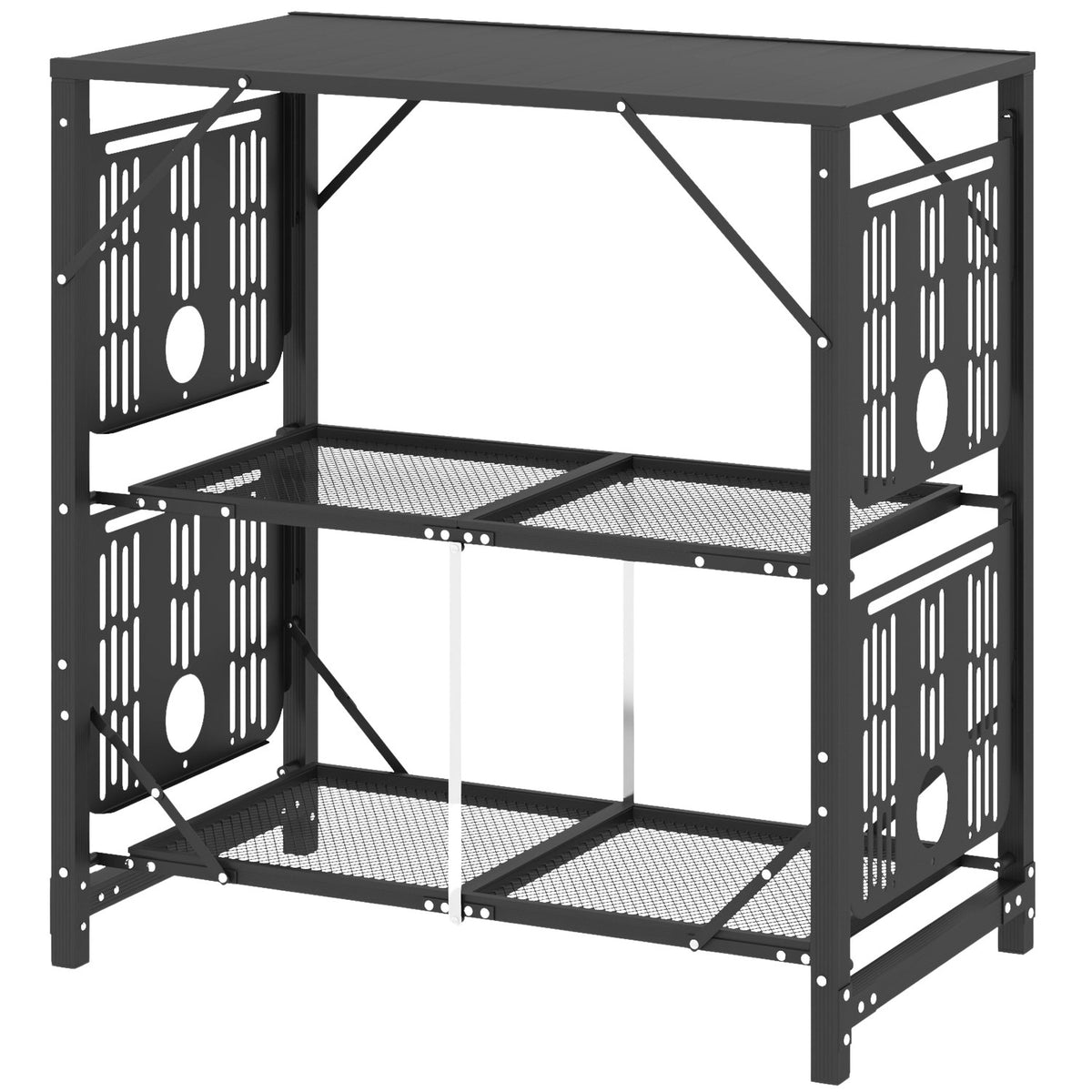 Camping Table Foldable Camping Kitchen Table With 2 Shelves 4 Side Tables Picnic Table With Cup Holder Bag For Bbq Metal Black