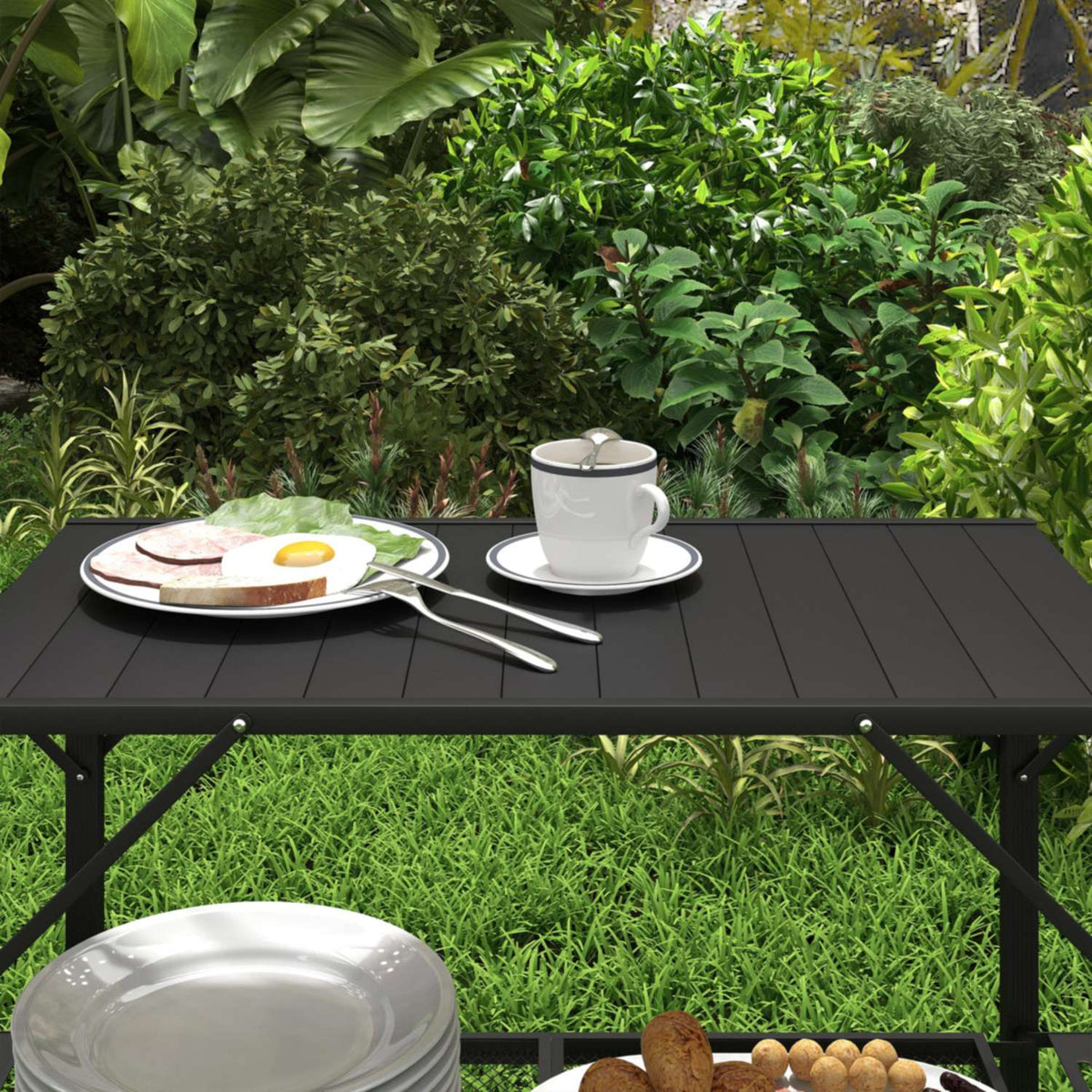 Camping Table Foldable Camping Kitchen Table With 2 Shelves 4 Side Tables Picnic Table With Cup Holder Bag For Bbq Metal Black