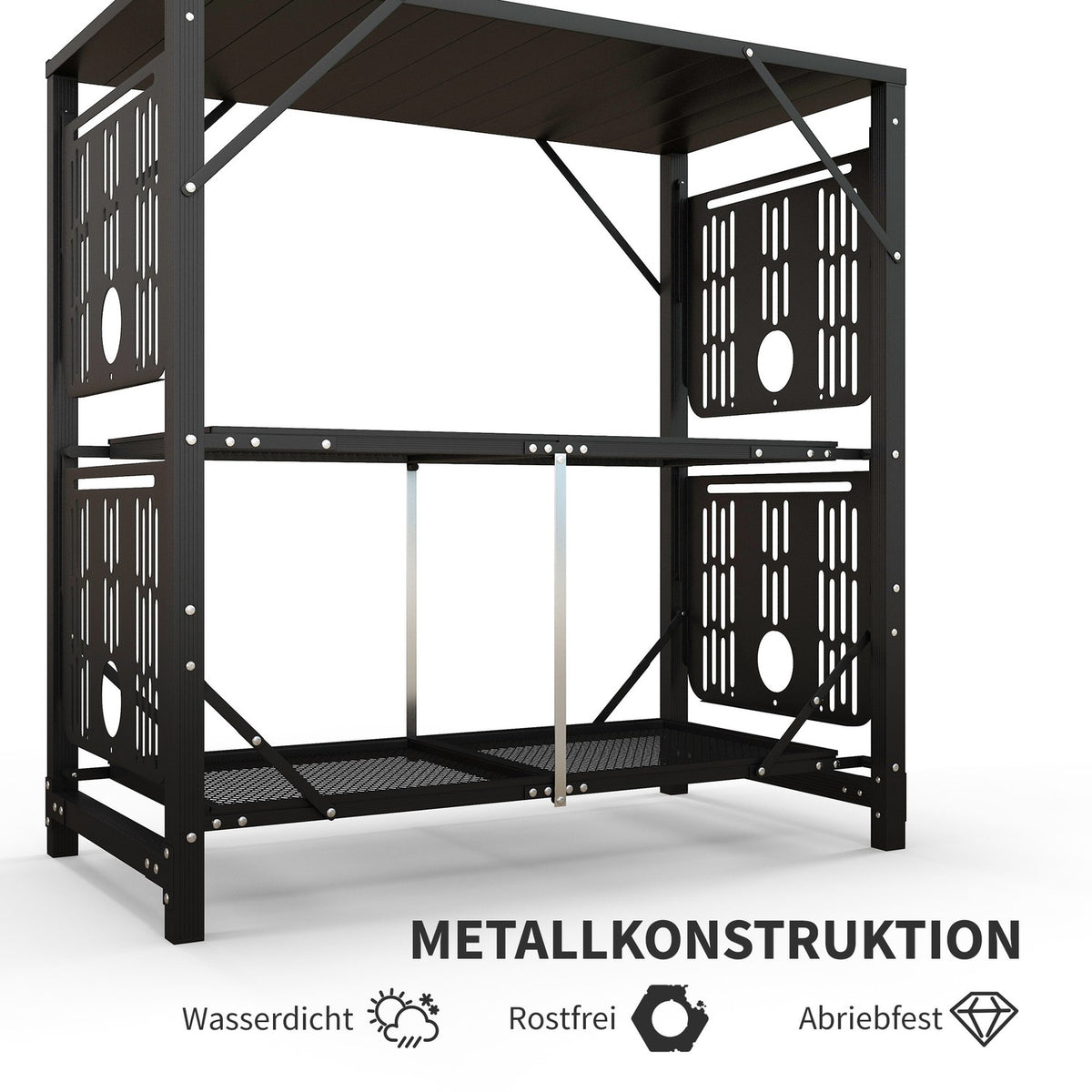 Camping Table Foldable Camping Kitchen Table With 2 Shelves 4 Side Tables Picnic Table With Cup Holder Bag For Bbq Metal Black