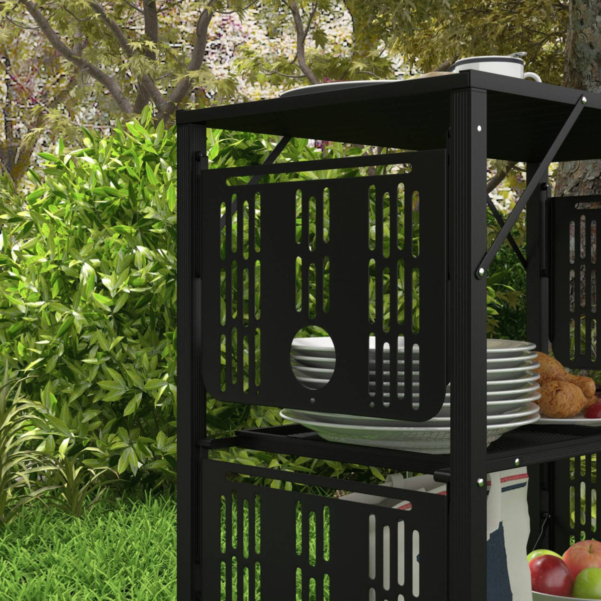 Camping Table Foldable Camping Kitchen Table With 2 Shelves 4 Side Tables Picnic Table With Cup Holder Bag For Bbq Metal Black