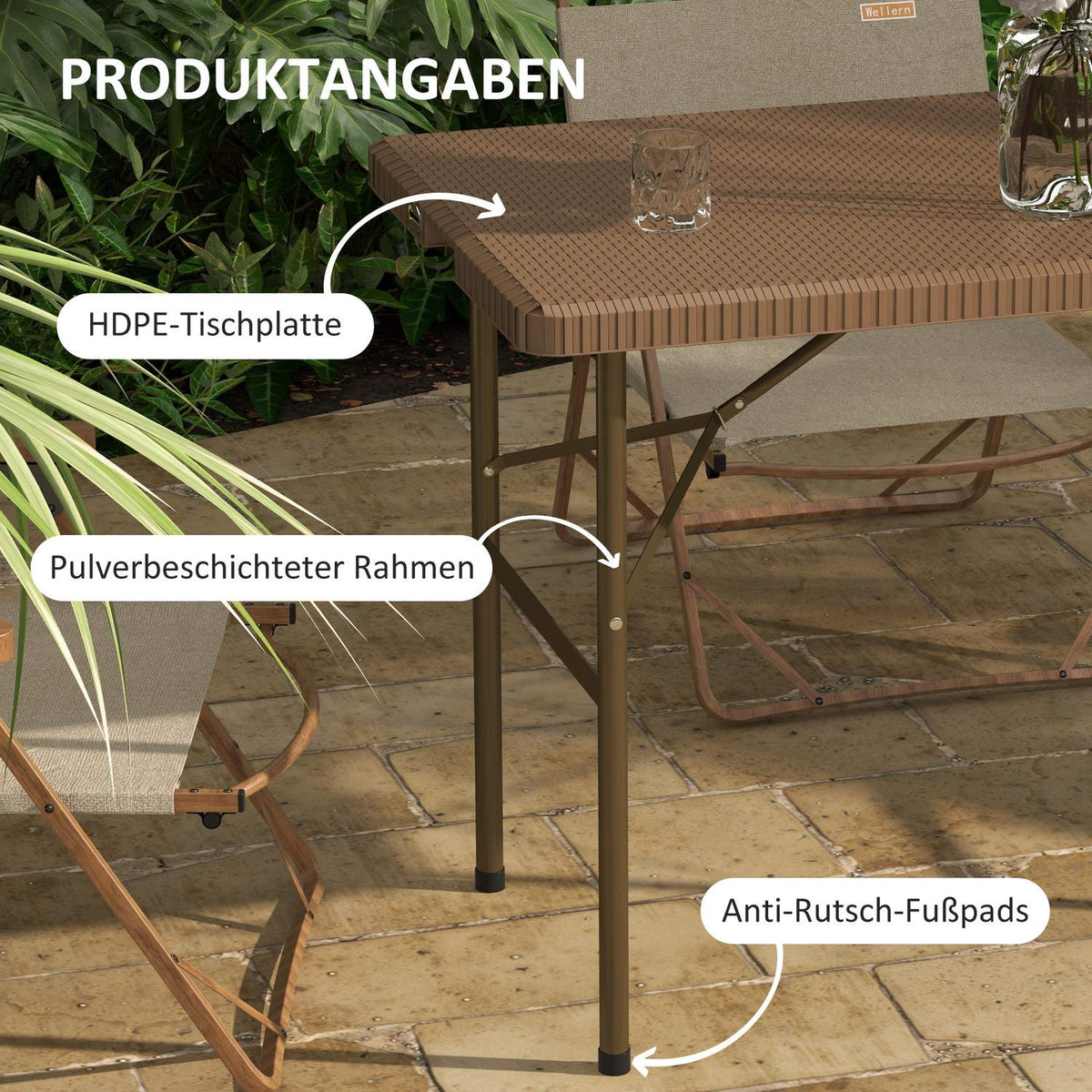 Camping Table Folding Rattan Look 4 Person Garden Table Balcony Terrace Hdpe Brown