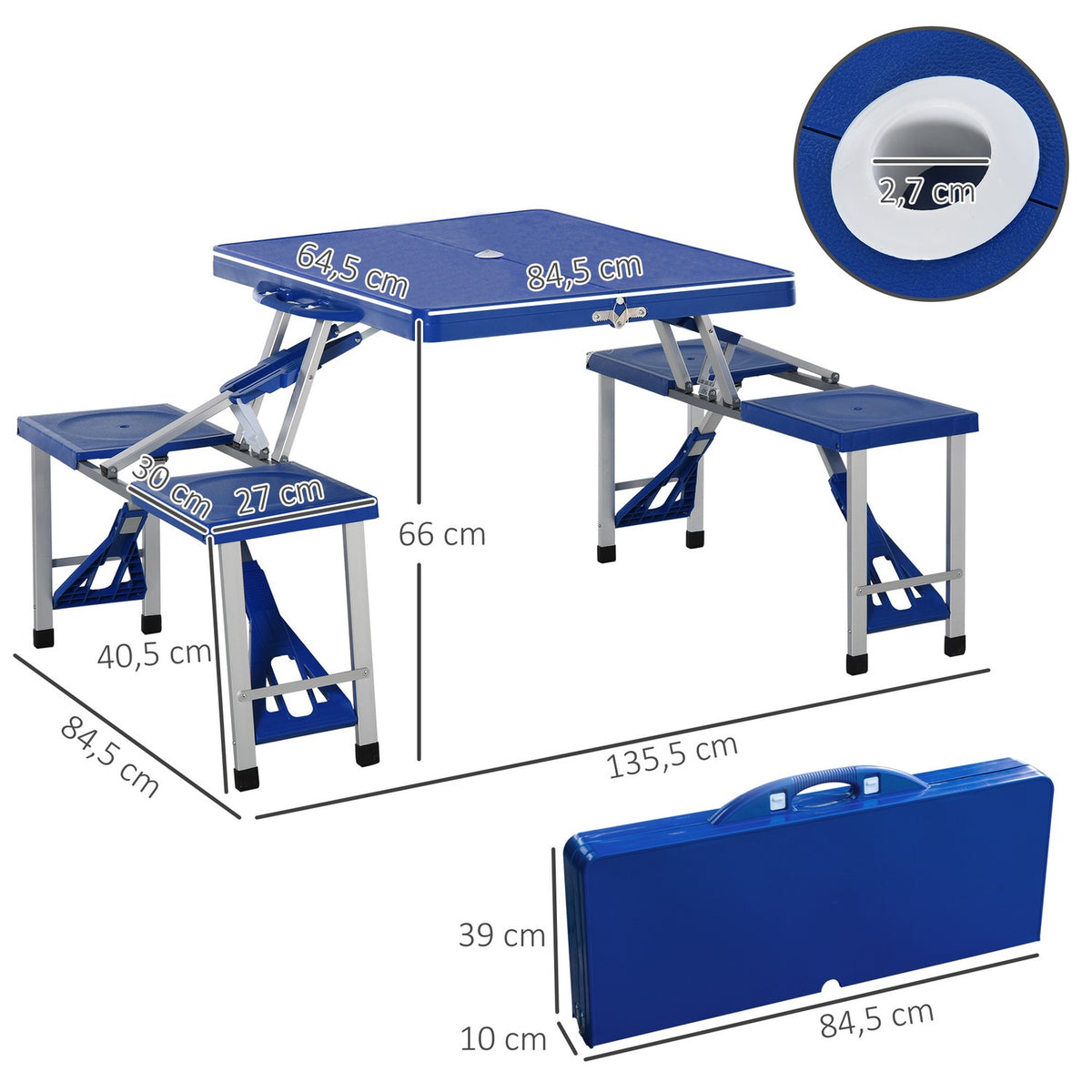 Camping Table Set Aluminum Picnic Table Foldable With 4 Seats, Portable Seating Group, Blue, 135.5X84.5X66 Cm, For Outdoor & Garden