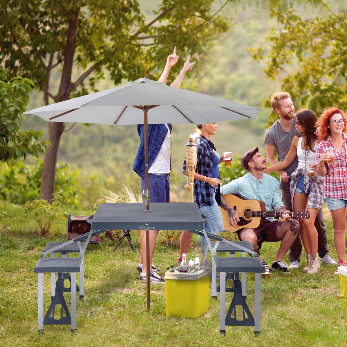 Camping Table Set Aluminum Picnic Table With 4 Seats, Foldable, Portable, Dark Gray, Ideal For Garden & Outdoor