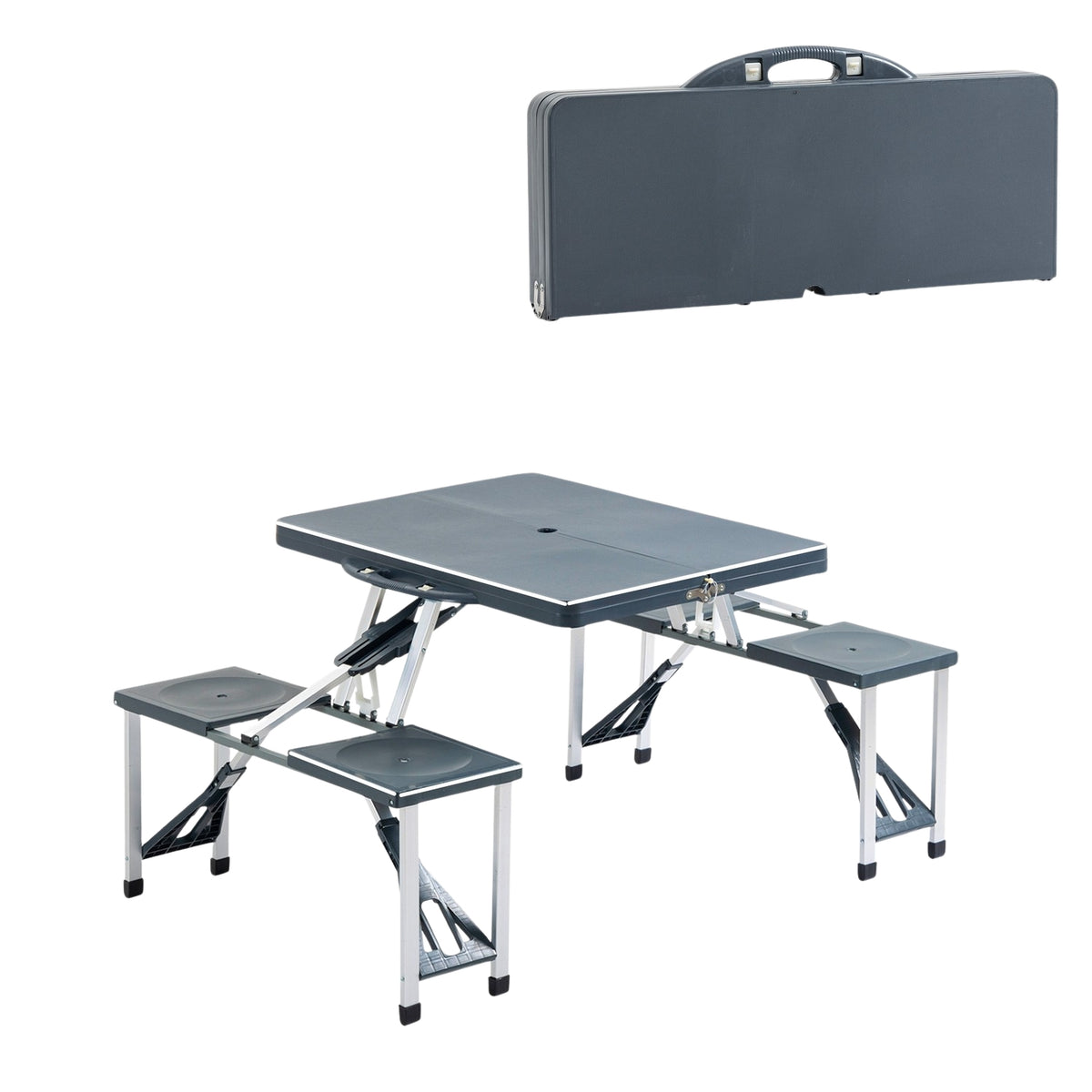 Camping Table Set Aluminum Picnic Table With 4 Seats, Foldable, Portable, Dark Gray, Ideal For Garden & Outdoor