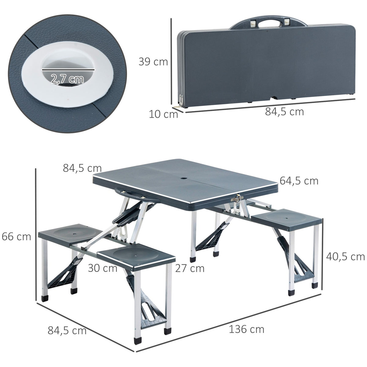 Camping Table Set Aluminum Picnic Table With 4 Seats, Foldable, Portable, Dark Gray, Ideal For Garden & Outdoor