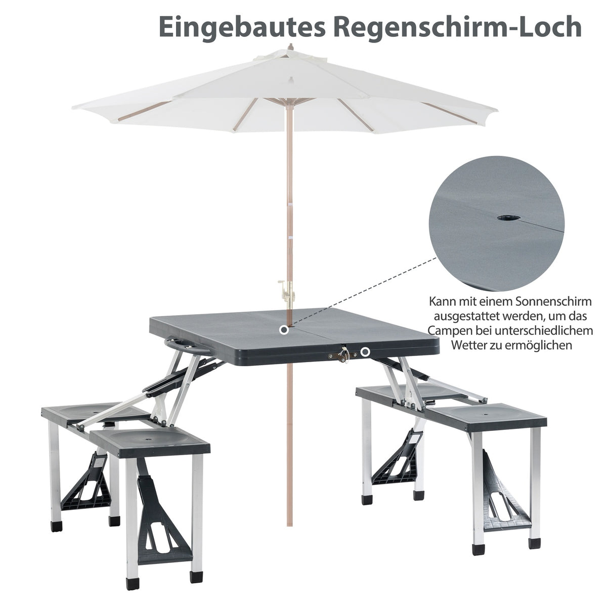 Camping Table Set Aluminum Picnic Table With 4 Seats, Foldable, Portable, Dark Gray, Ideal For Garden & Outdoor