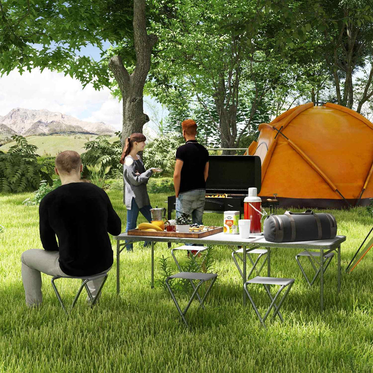 Camping Table Set, Folding Camping Table With 6 Chairs, Weatherproof Camping Seating Set, For Picnic, Garden, Aluminum, Gray