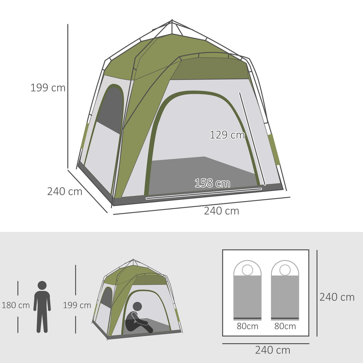 Camping Tent 4 Person Tent Family Tent With Window 190Tpu1000Mm Easy Setup Aluminum Alloy Fiberglass Green+Gray 240X240X195Cm
