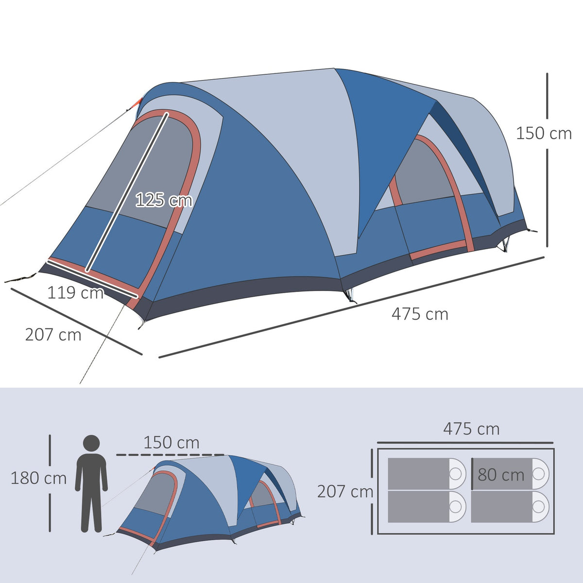 Camping Tent 4-Person Tunnel Tent, Uv Protection, Carry Bag, 2000 Mm Water Column, 2 Rooms, Blue + White
