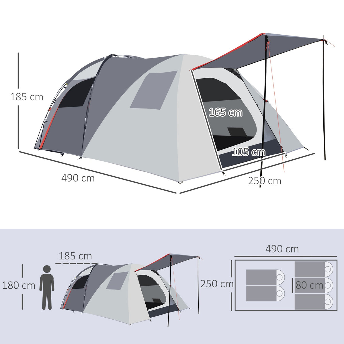 Camping Tent 5-Person Tunnel Tent With Bedroom, Carrying Bag, 2000 Mm Water Column, Mesh Window, Gray