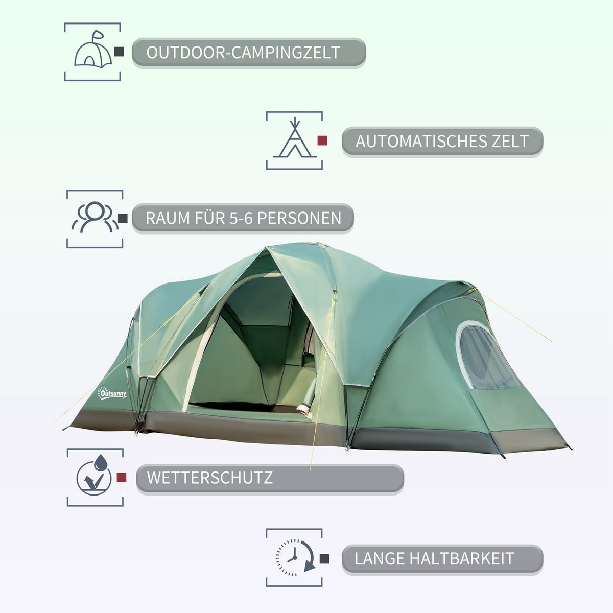 Camping Tent For 5-6 Persons Tunnel Tent With Pegs, Dome Tent, Polyester, Army Green + Black, 4.55X2.3X1.8M