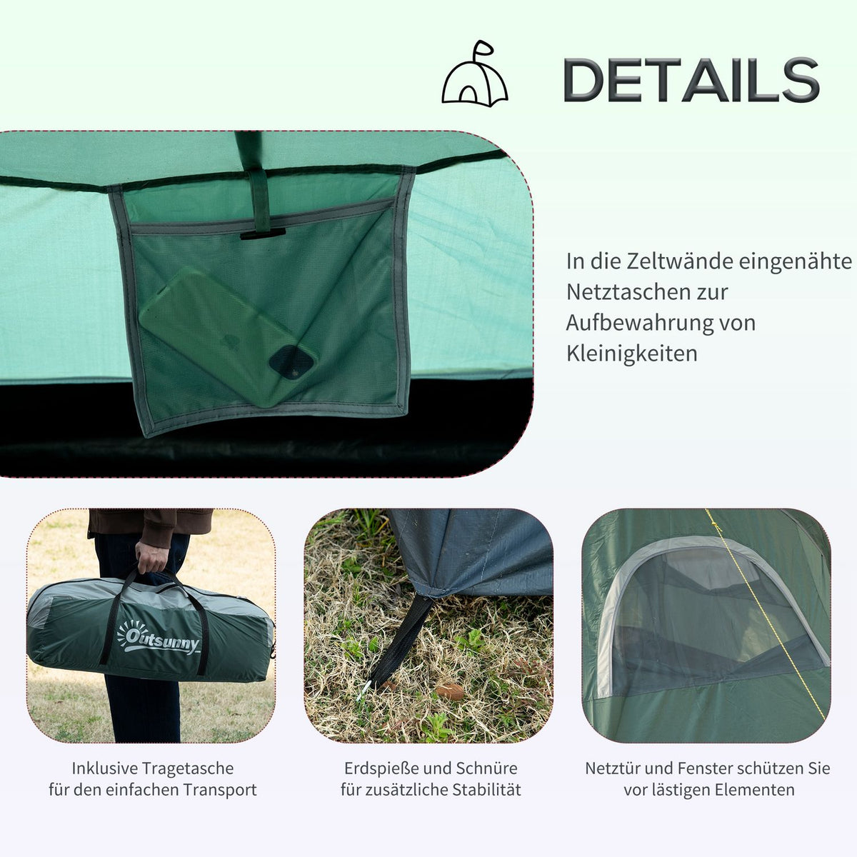 Camping Tent For 5-6 Persons Tunnel Tent With Pegs, Dome Tent, Polyester, Army Green + Black, 4.55X2.3X1.8M