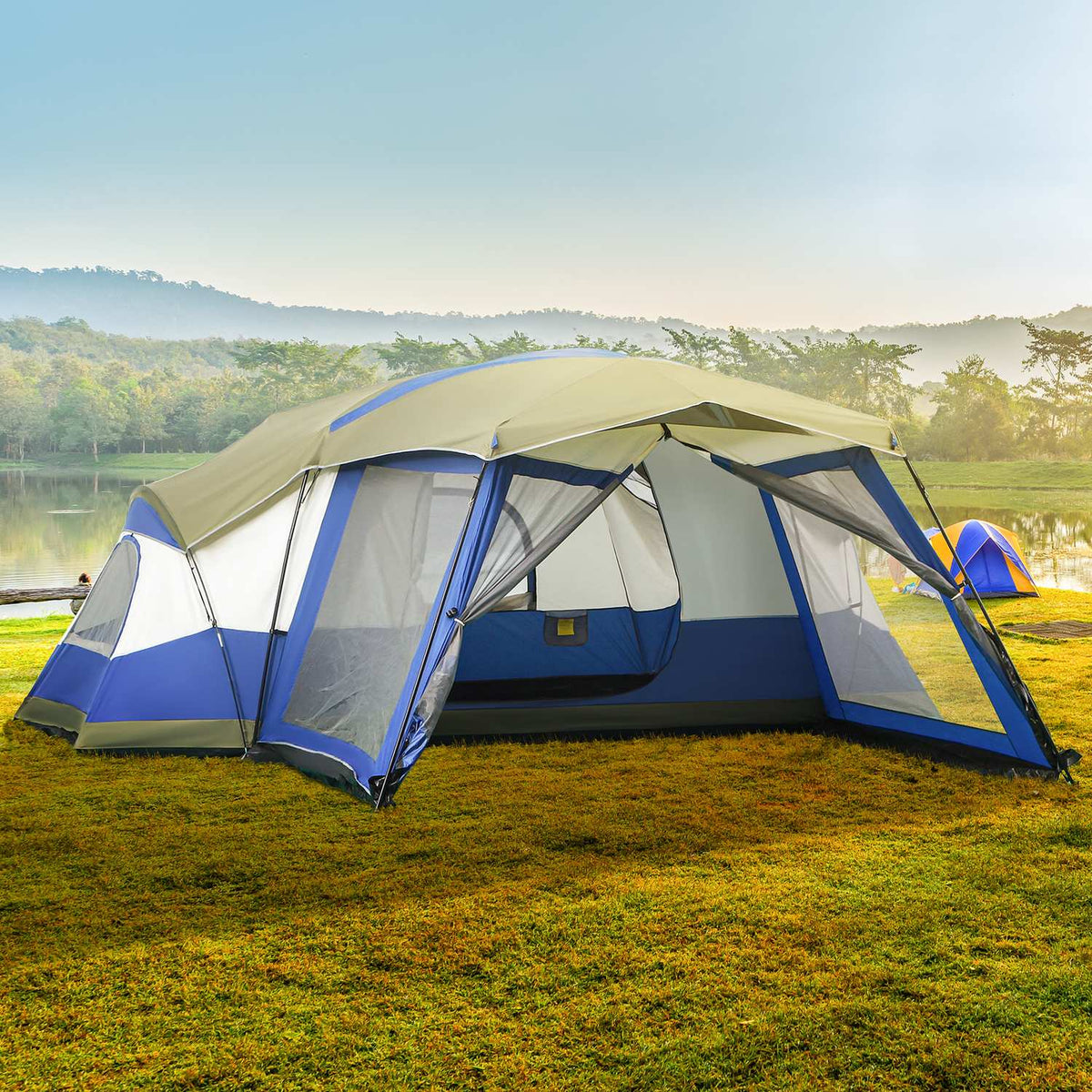 Camping Tent For 6-8 People Family Tent With Vestibule, 2 Windows, Dome Tent, Pu3000Mm, Blue, 518X487X237Cm
