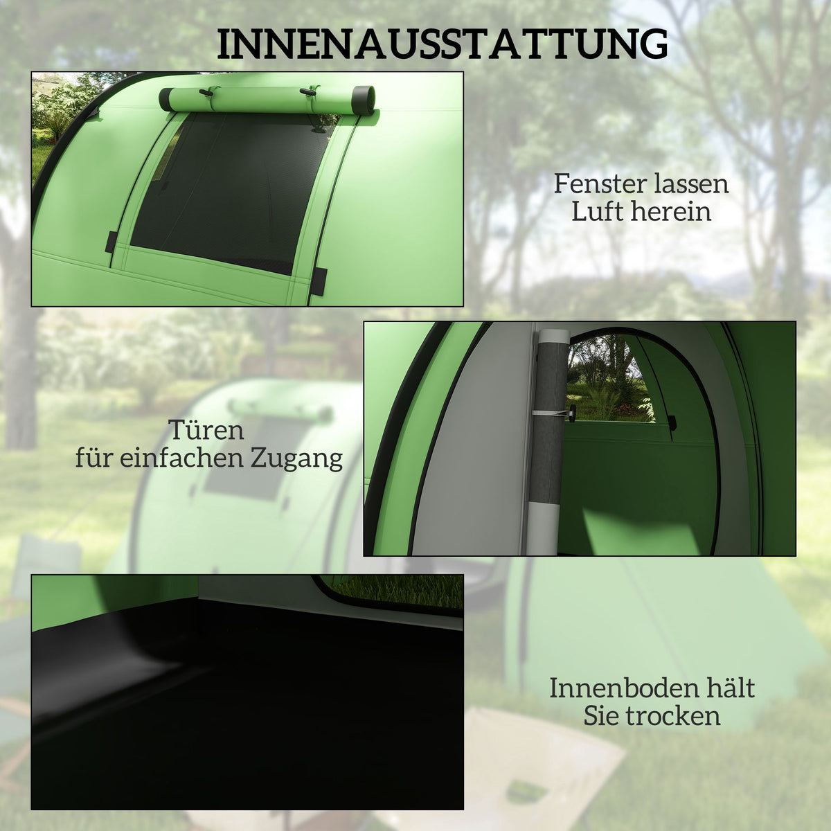 Camping Tent for 4, Waterproof, 2-Room, Dark Green