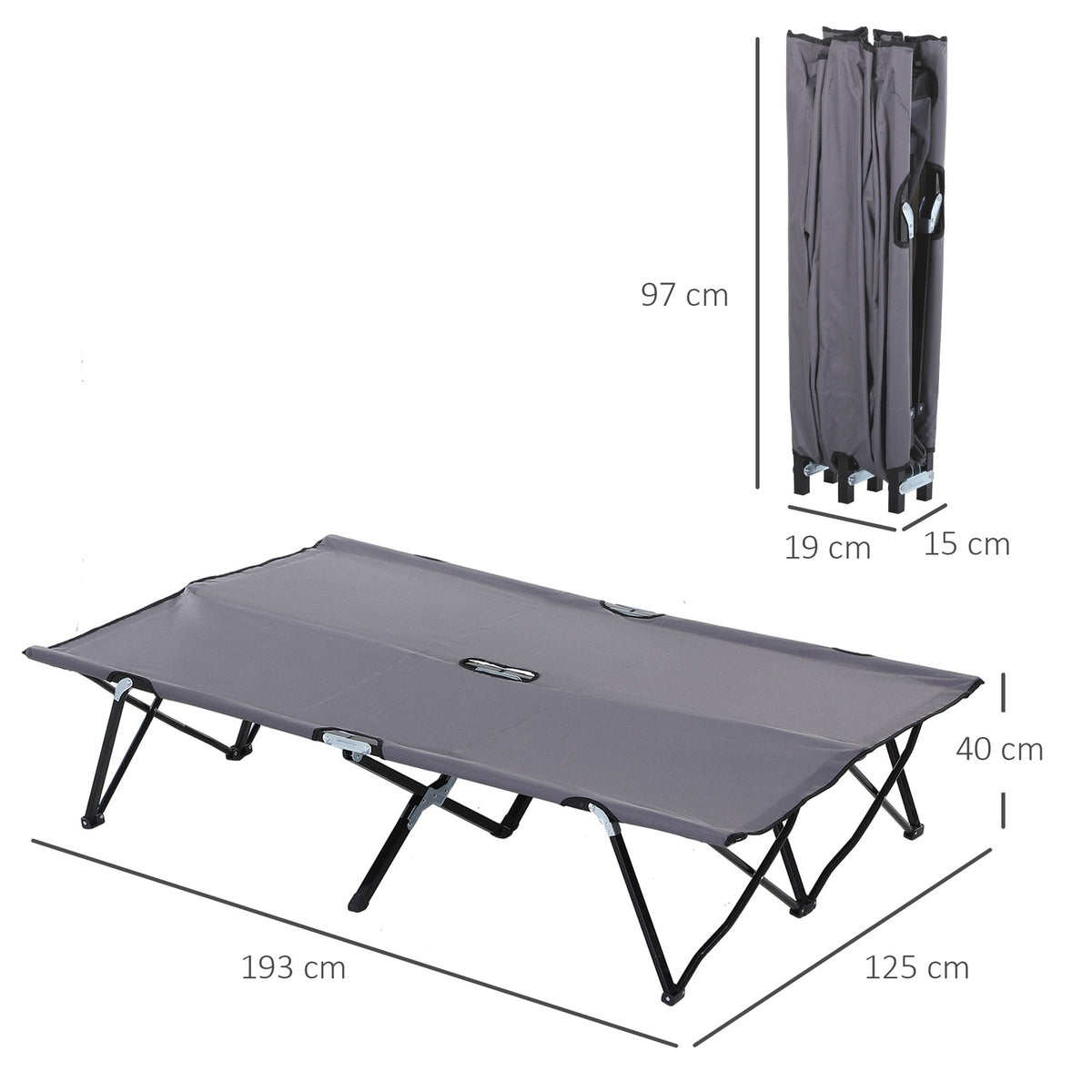 Camping bed, foldable for 2 people, camp bed, folding bed with carrying bag, can hold up to 136 kg, steel Oxford gray 193 x 125 x 40 cm