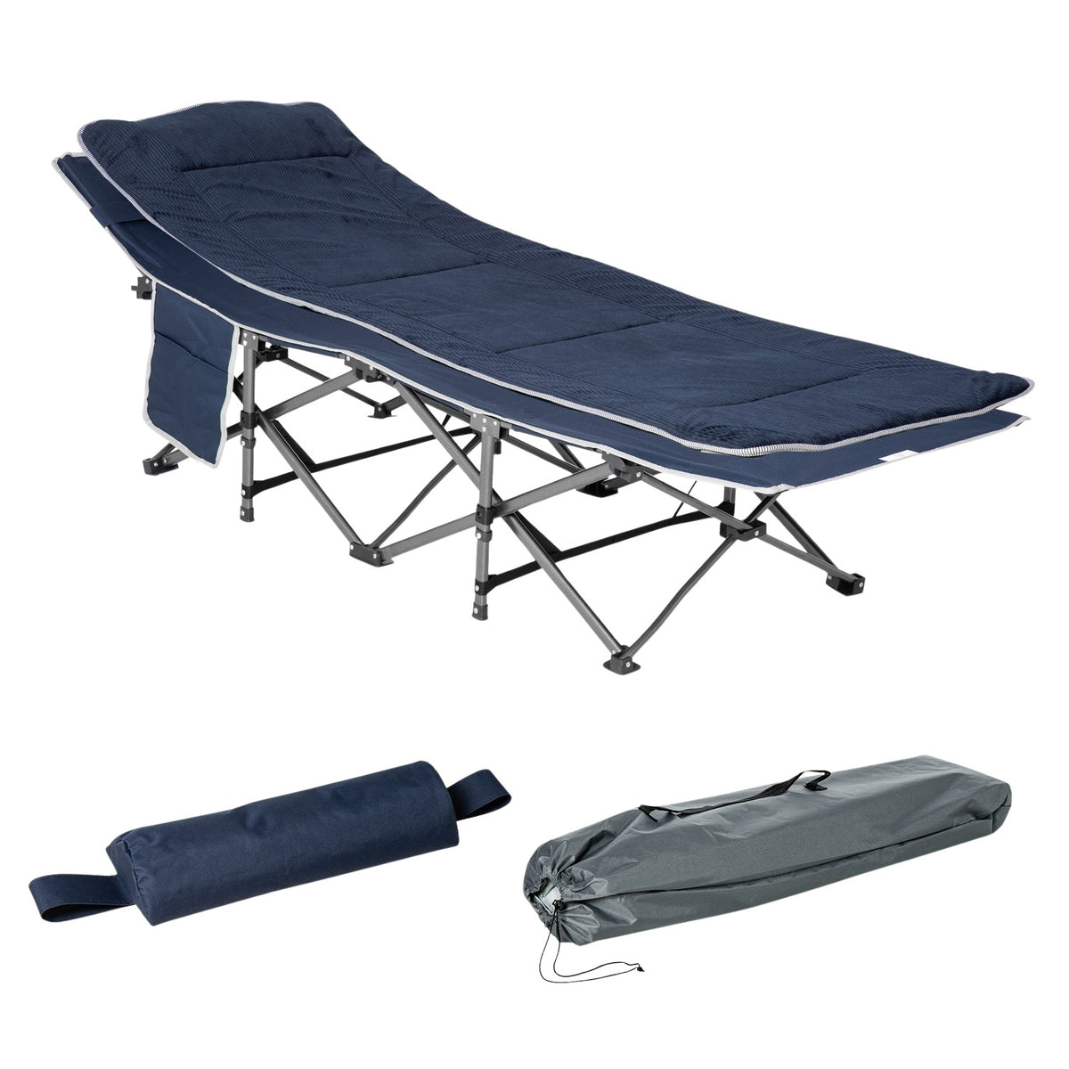 Camping bed, folding camp bed, folding bed with pillow, side pocket, mattress, guest bed, can hold up to 150 kg, travel, outdoor, Oxford, dark blue, 188 x 64.5 x 53 cm