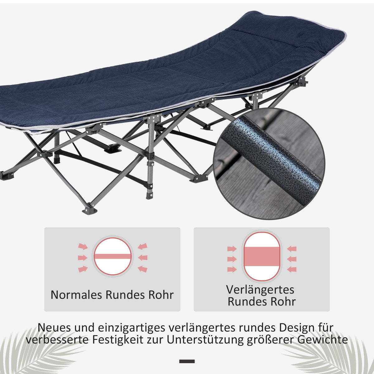 Camping bed, folding camp bed, folding bed with pillow, side pocket, mattress, guest bed, can hold up to 150 kg, travel, outdoor, Oxford, dark blue, 188 x 64.5 x 53 cm