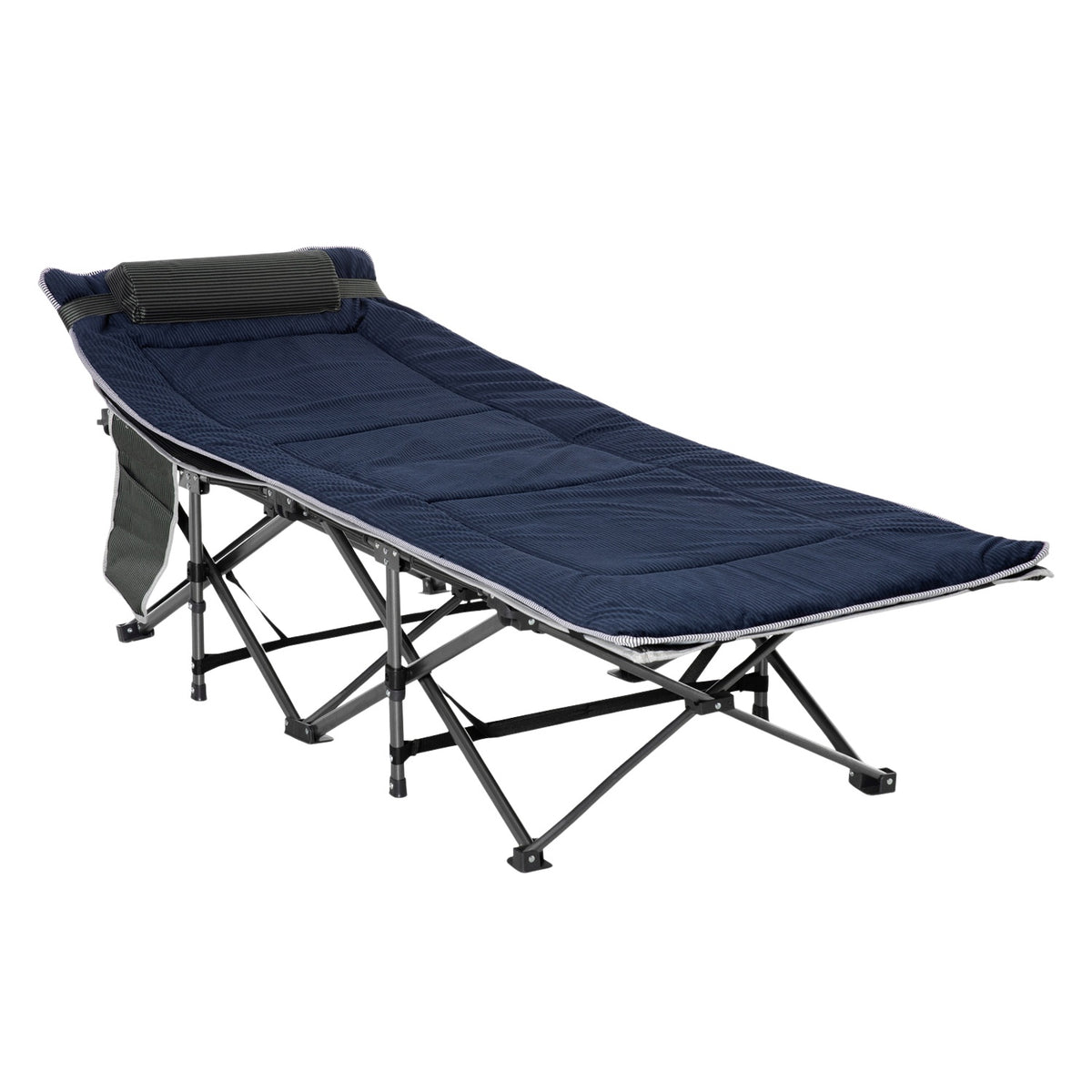 Camping bed folding camp bed folding bed with pillow side pocket mattress guest bed can hold up to 150 kg travel outdoor Oxford dark blue + gray 188 x 64.5 x 53 cm