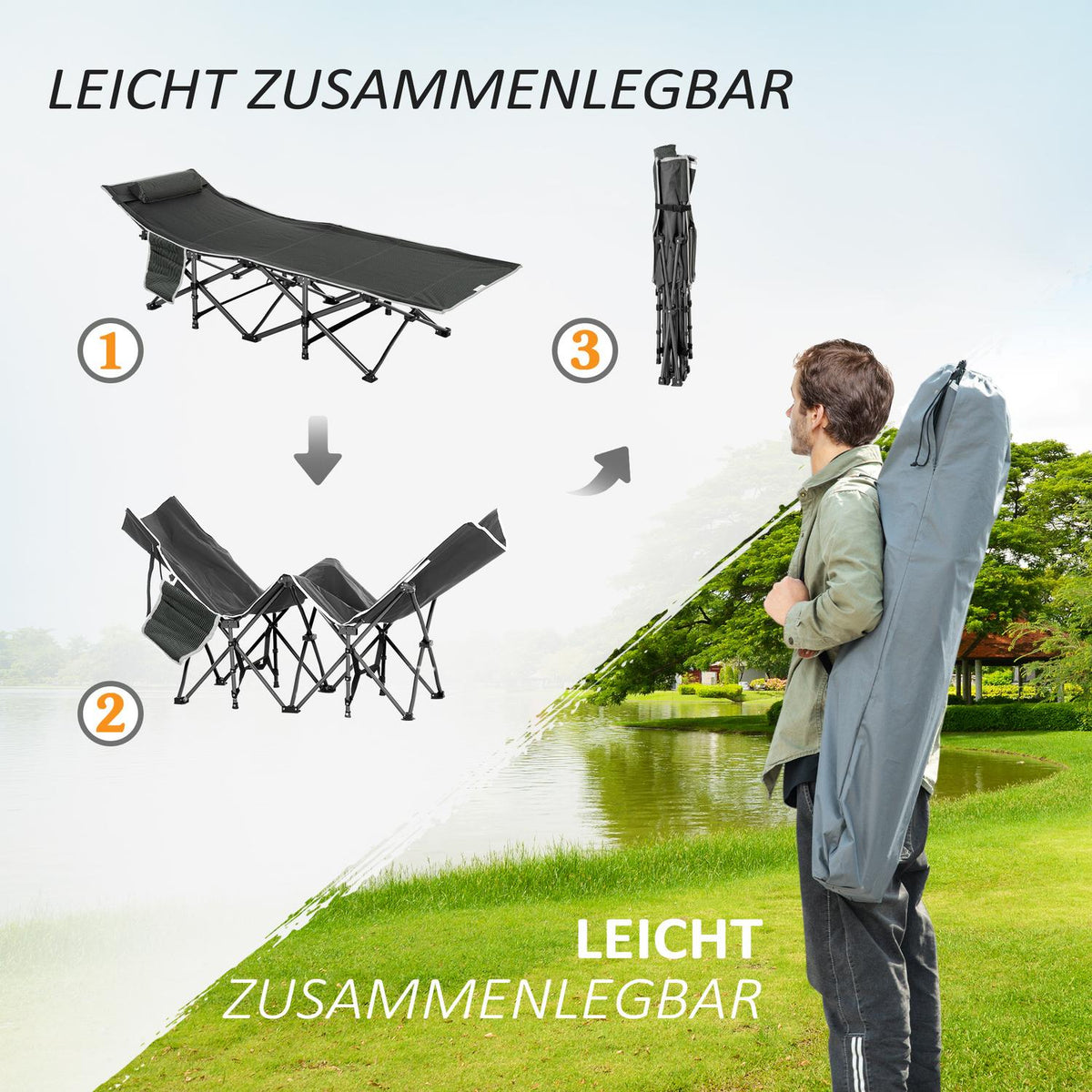 Camping bed folding camp bed folding bed with pillow side pocket mattress guest bed can hold up to 150 kg travel outdoor Oxford dark blue + gray 188 x 64.5 x 53 cm