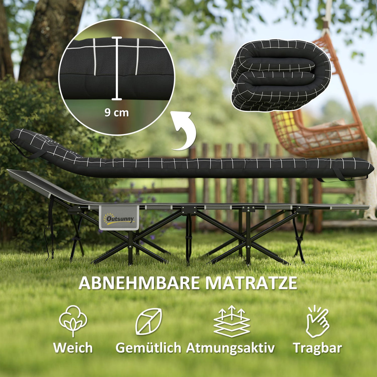Camping bed folding camp bed with side pocket mattress non-slip guest bed can hold up to 150 kg outdoor Oxford black 190 x 67 x 37 cm |