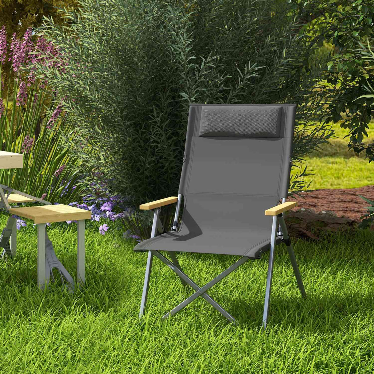 Camping chair folding garden chair with 4-level adjustable backrest and headrest, folding chair with carry bag, Oxford dark gray