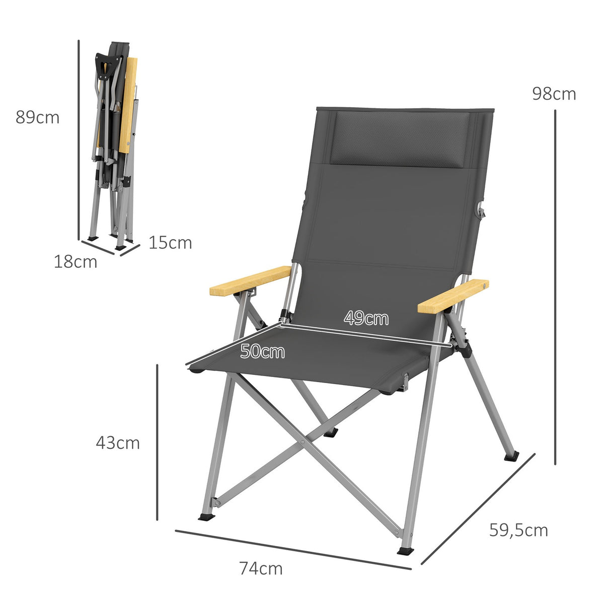 Camping chair folding garden chair with 4-level adjustable backrest and headrest, folding chair with carry bag, Oxford dark gray