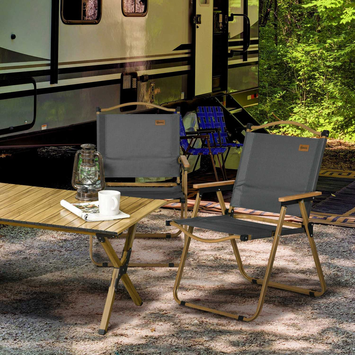 Camping chair set of 2 folding garden chairs with steel frame, wood look, folding chairs for pool, beach, Oxford, dark gray