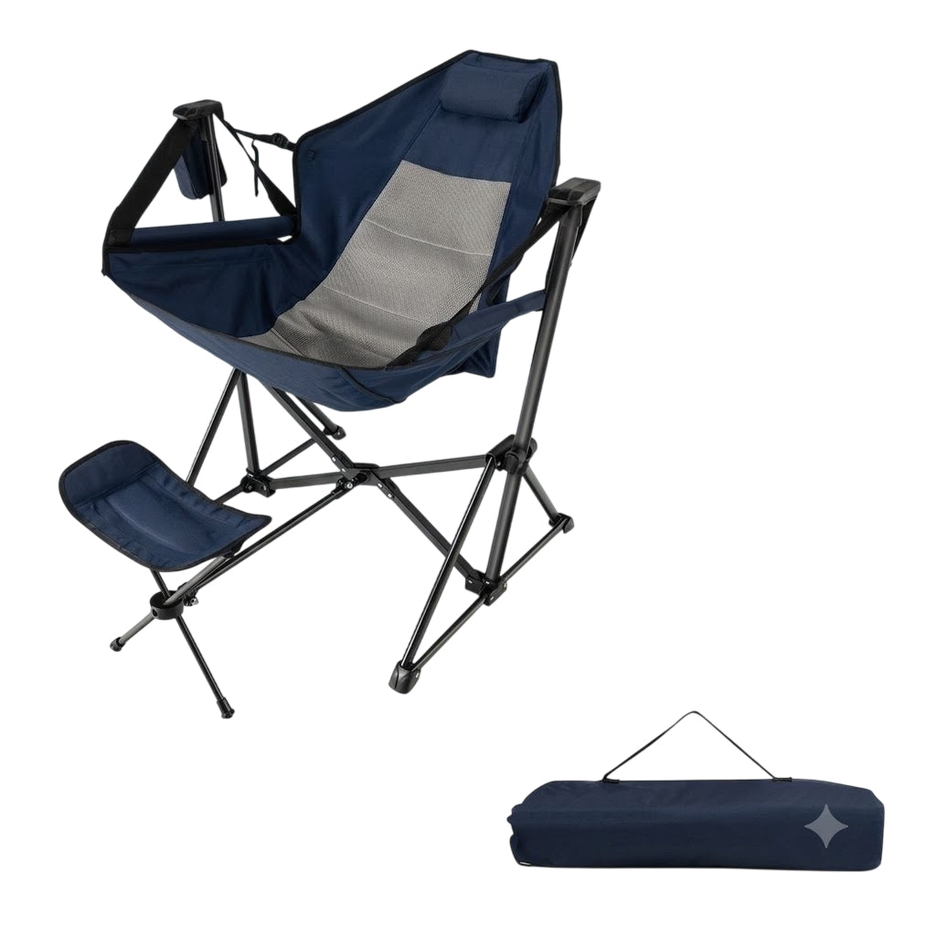 Camping chair with footrest & adjustable backrest & headrest & cup holder fishing chair navy blue