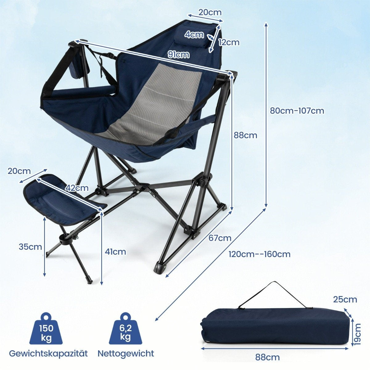 Camping chair with footrest & adjustable backrest & headrest & cup holder fishing chair navy blue