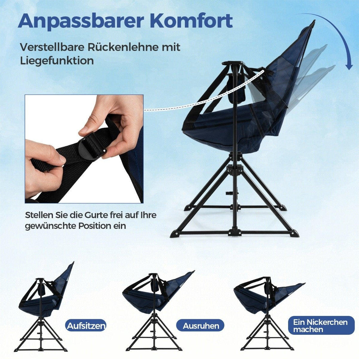 Camping chair with footrest & adjustable backrest & headrest & cup holder fishing chair navy blue