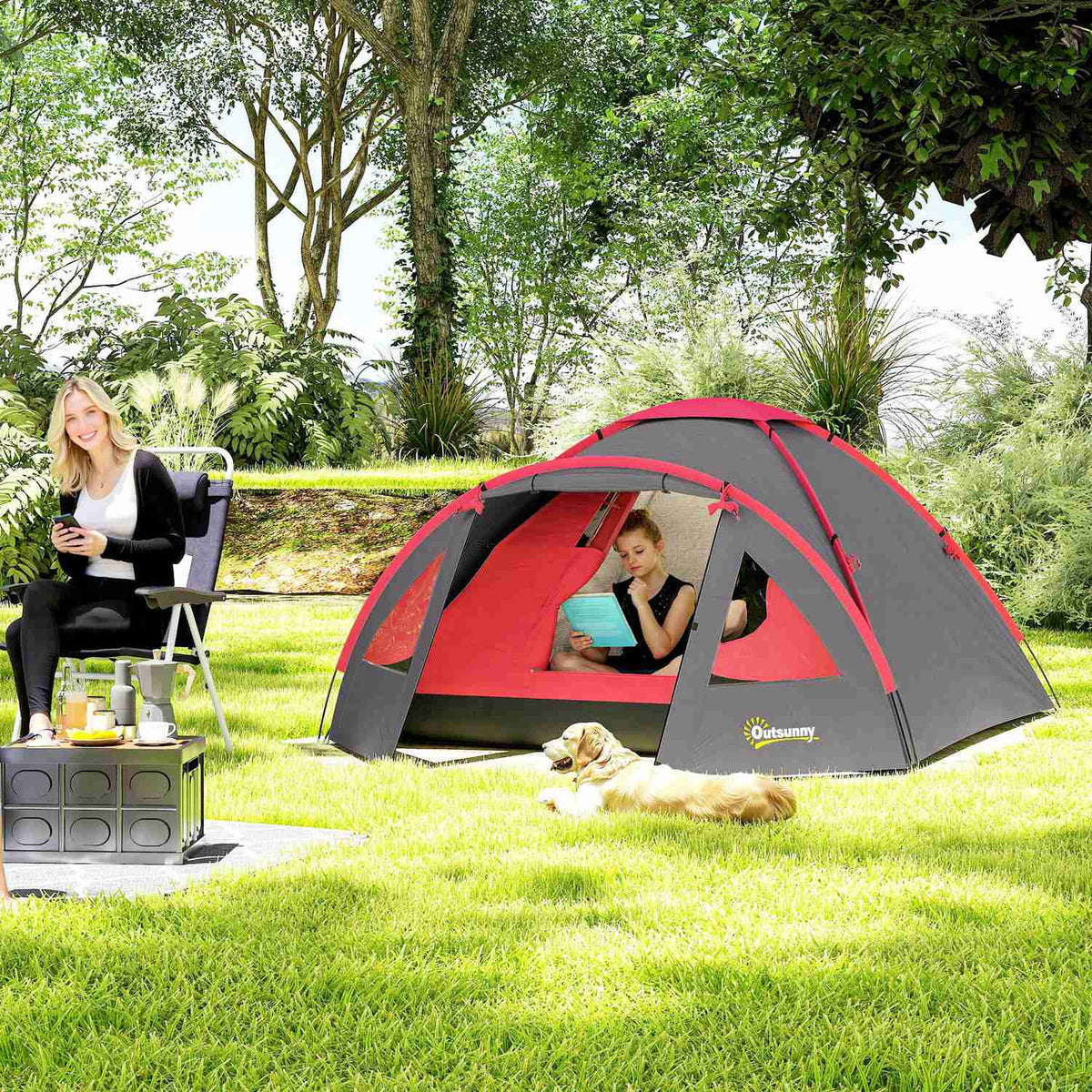 Camping tent for 3 people, lightweight, stable, waterproof, UV 50+, with canopy, door, window, groundsheet, grey