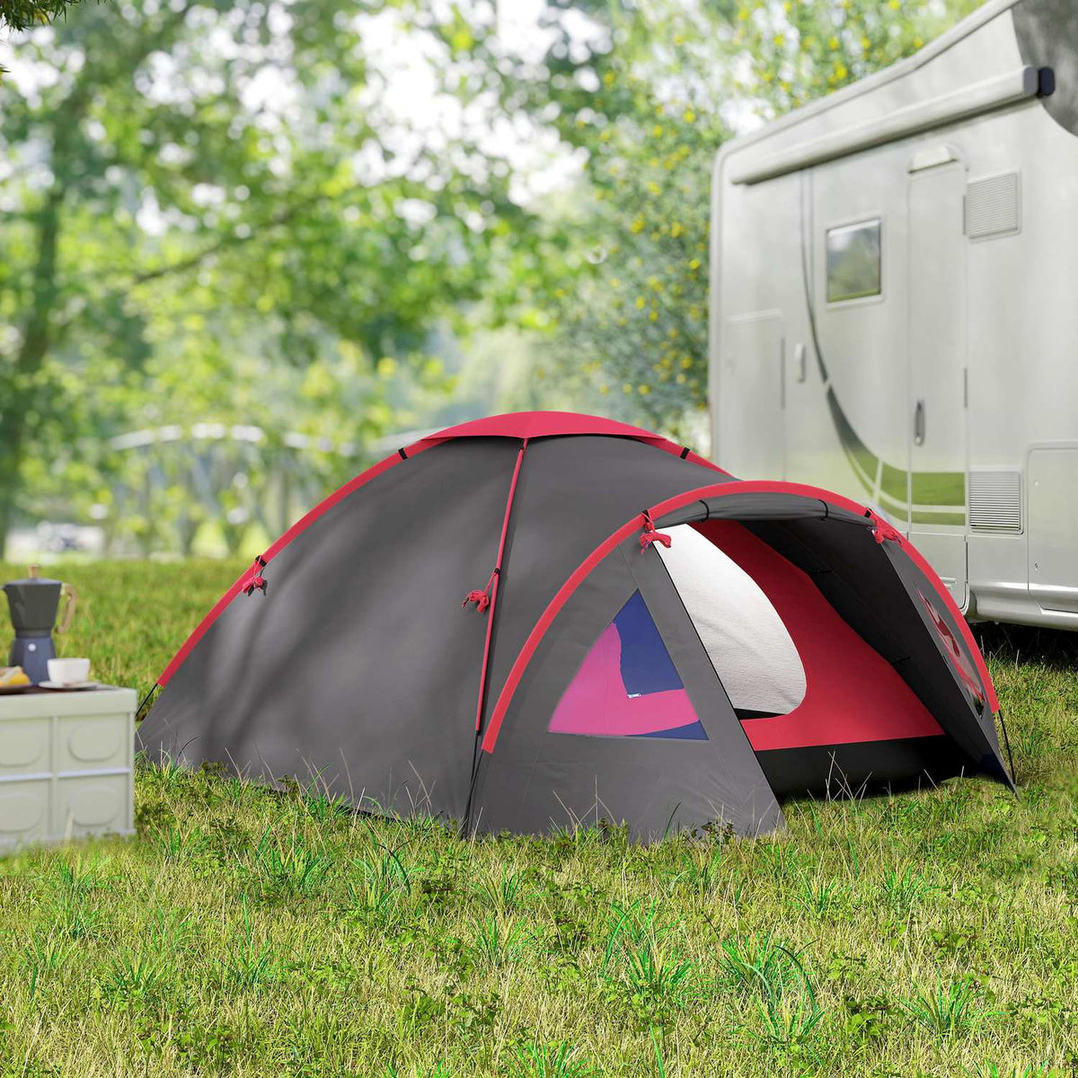 Camping tent for 3 people, lightweight, stable, waterproof, UV 50+, with canopy, door, window, groundsheet, grey