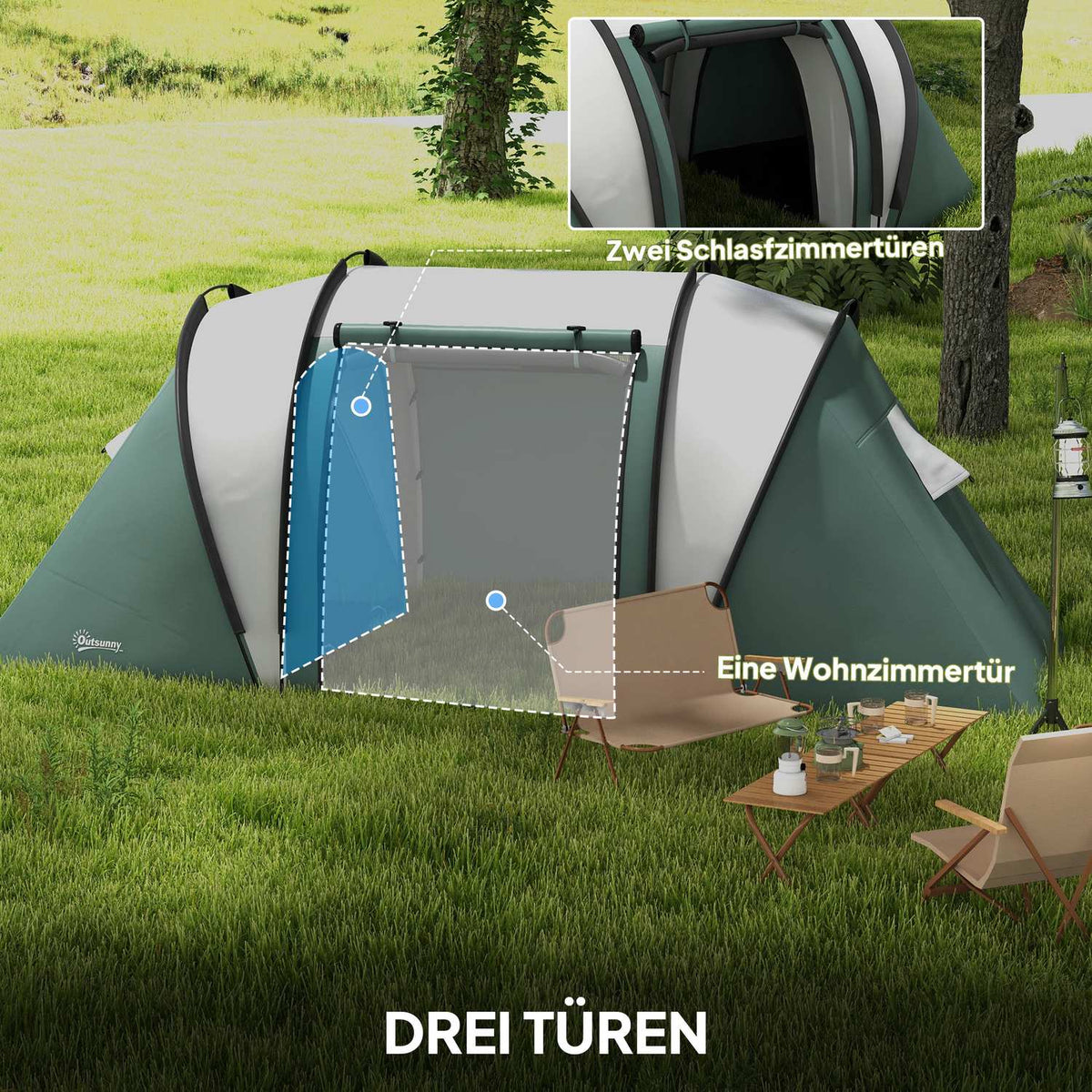 Camping tent for 4-5 people, lightweight, water-repellent family tent with 2 room side door windows, tent with 3000 mm water column, tunnel tent, dome tent for camping, travel, garden