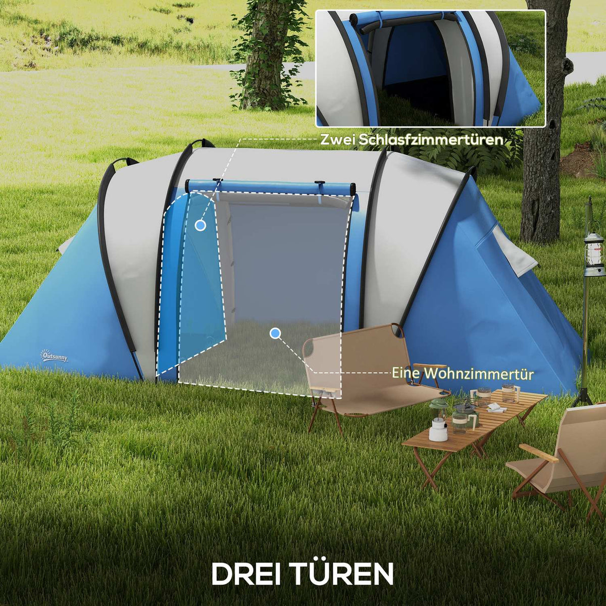 Camping tent for 4-5 people, lightweight, water-repellent family tent with 3 room side door windows, tent with 3000 mm water column, tunnel tent, dome tent for camping, travel, garden