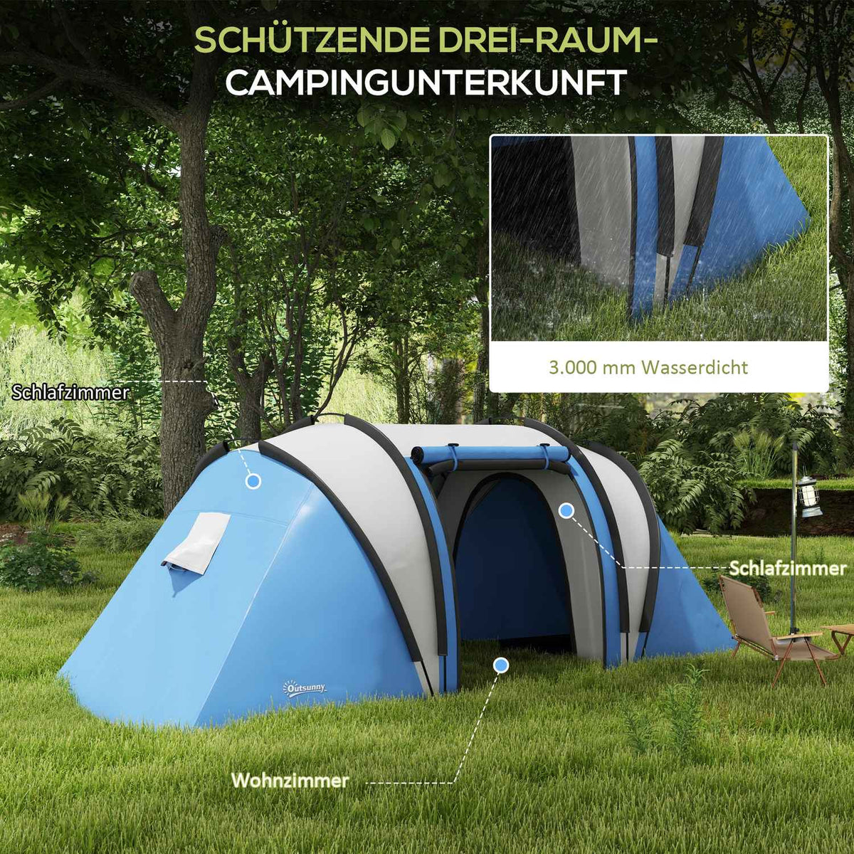 Camping tent for 4-5 people, lightweight, water-repellent family tent with 3 room side door windows, tent with 3000 mm water column, tunnel tent, dome tent for camping, travel, garden
