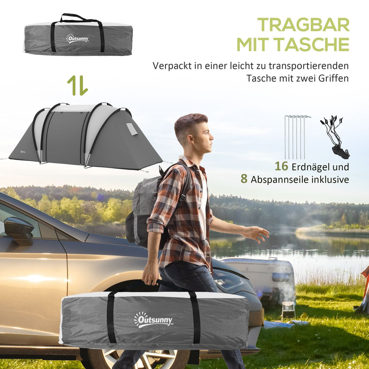 Camping tent for 4-5 people, lightweight, water-repellent family tent with 3 room side door windows, tent with 3000 mm water column, tunnel tent, dome tent for camping, travel, garden