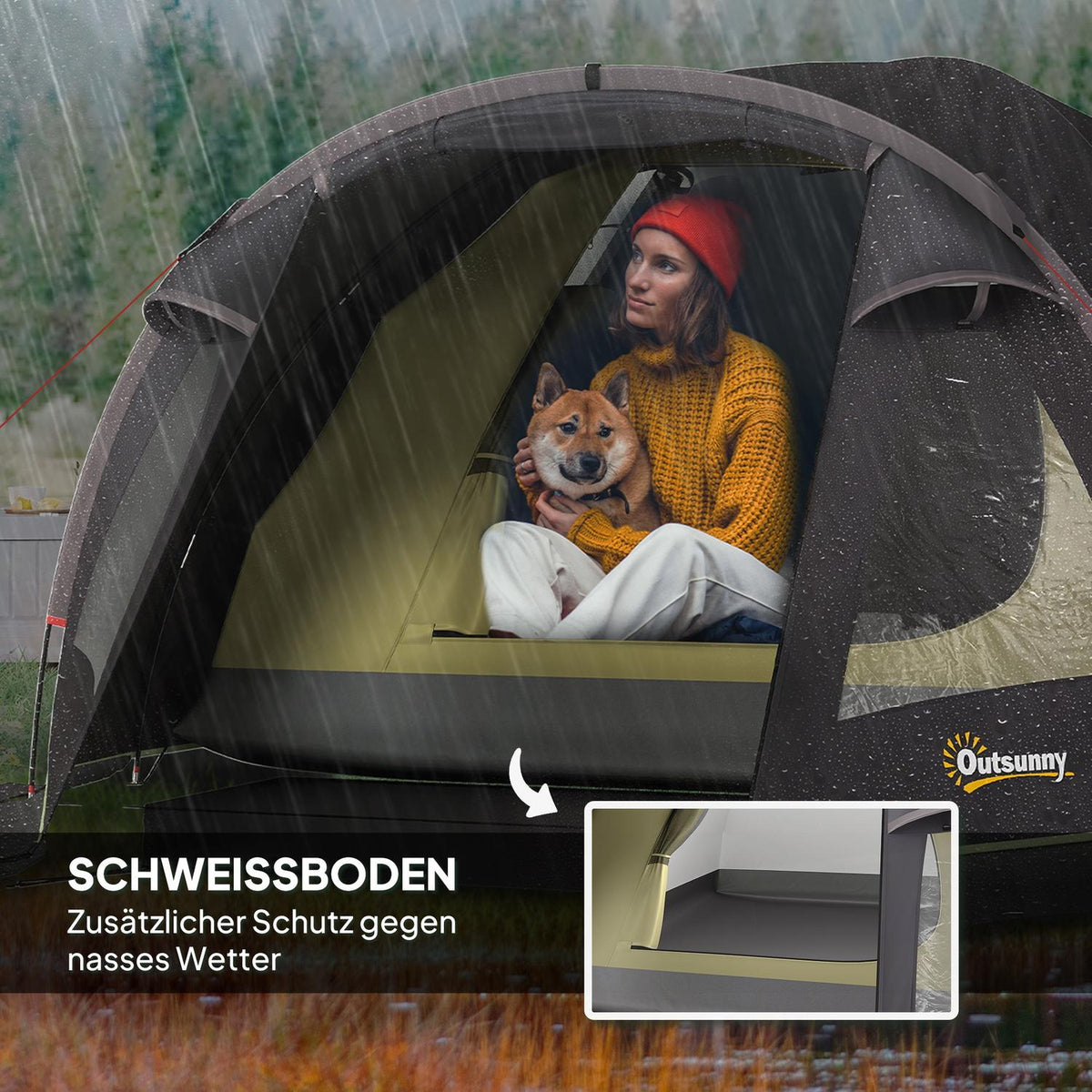 Camping tent for 4 people, lightweight, stable, UV 50+ tunnel tent with canopy, side door and window, black