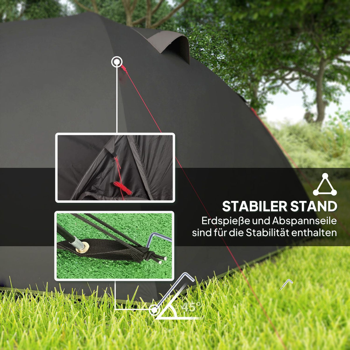 Camping tent for 4 people, lightweight, stable, UV 50+ tunnel tent with canopy, side door and window, black