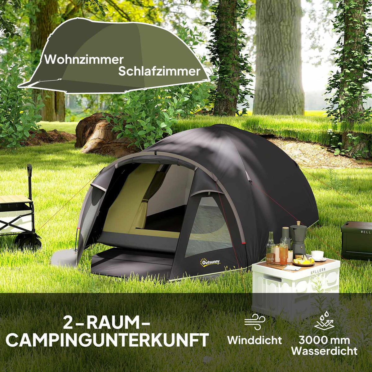 Camping tent for 4 people, lightweight, stable, UV 50+ tunnel tent with canopy, side door and window, black