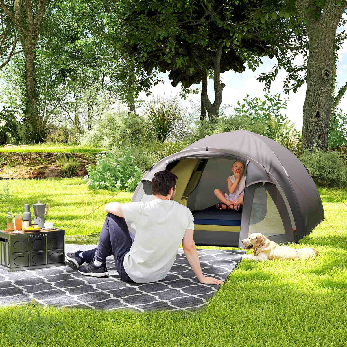 Camping tent for 4 people, lightweight, stable, UV 50+ tunnel tent with canopy, side door and window, black