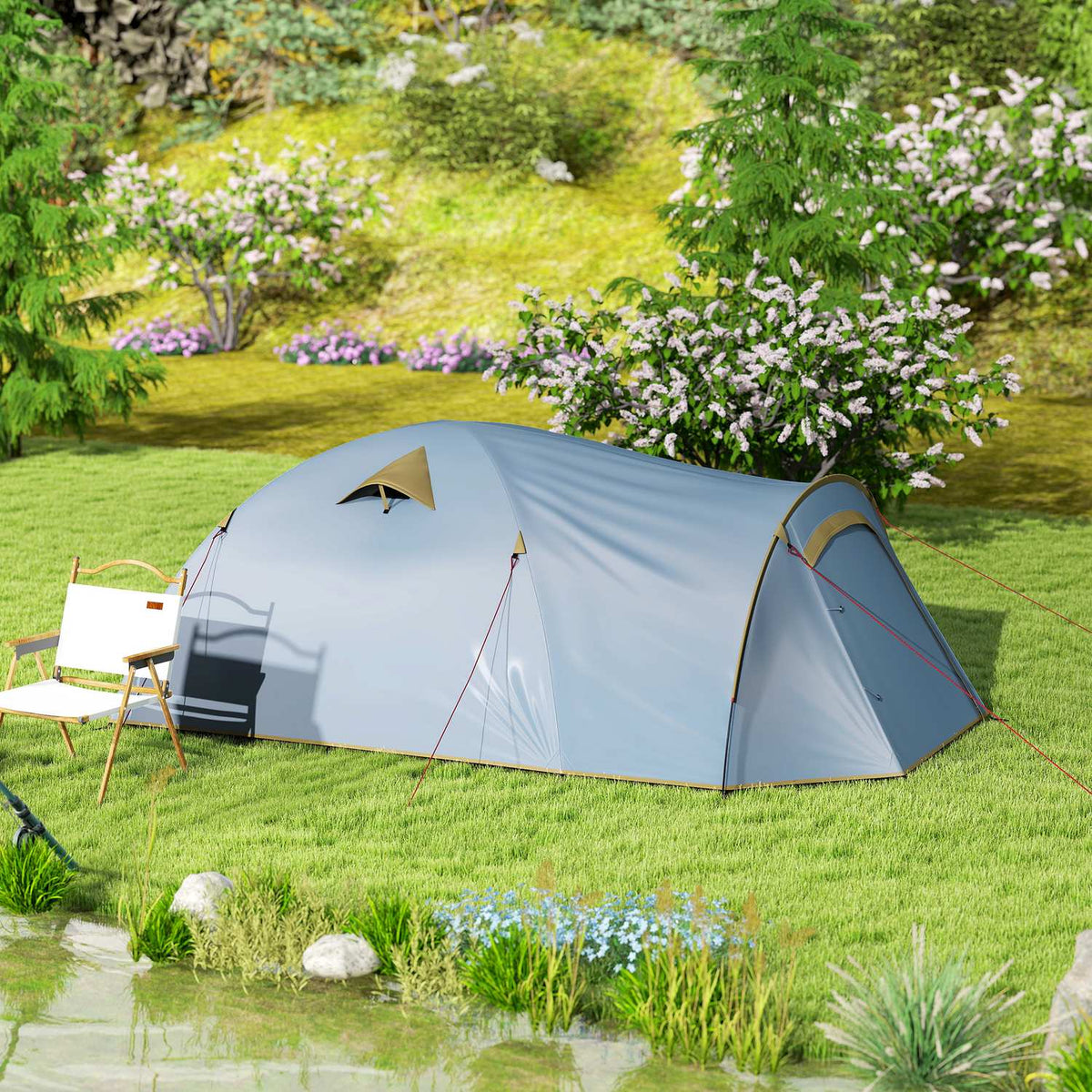 Camping tent for 4 people, waterproof tunnel tent with 2 doors and hooks, packing bag, 3.45 x 2.4 x 1.3 m, light blue