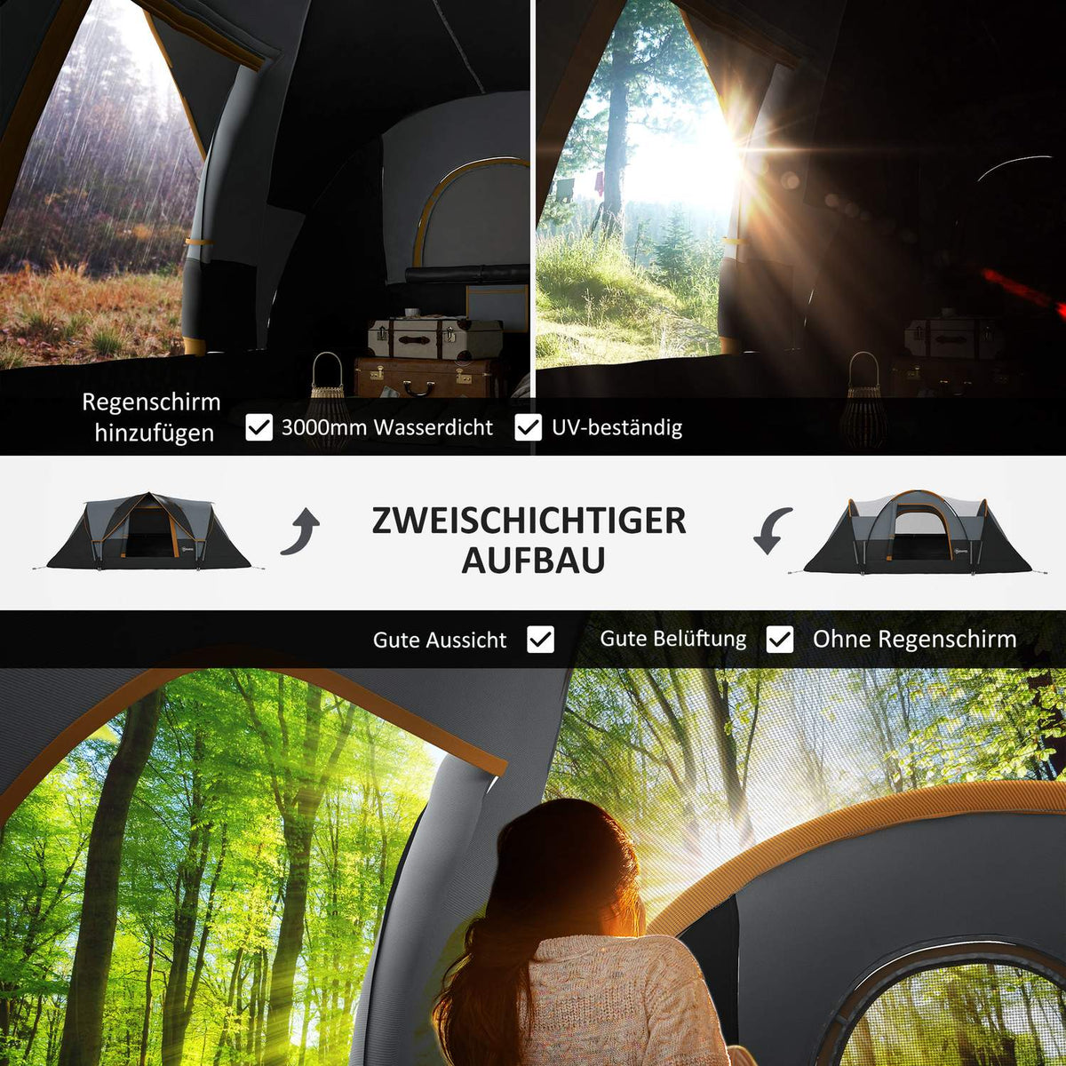 Camping tent for 5-6 people, stable, waterproof family tent with entrance window, packing bag, tent with 3000 mm water column, tunnel tent, dome tent for camping, travel, garden, light gray