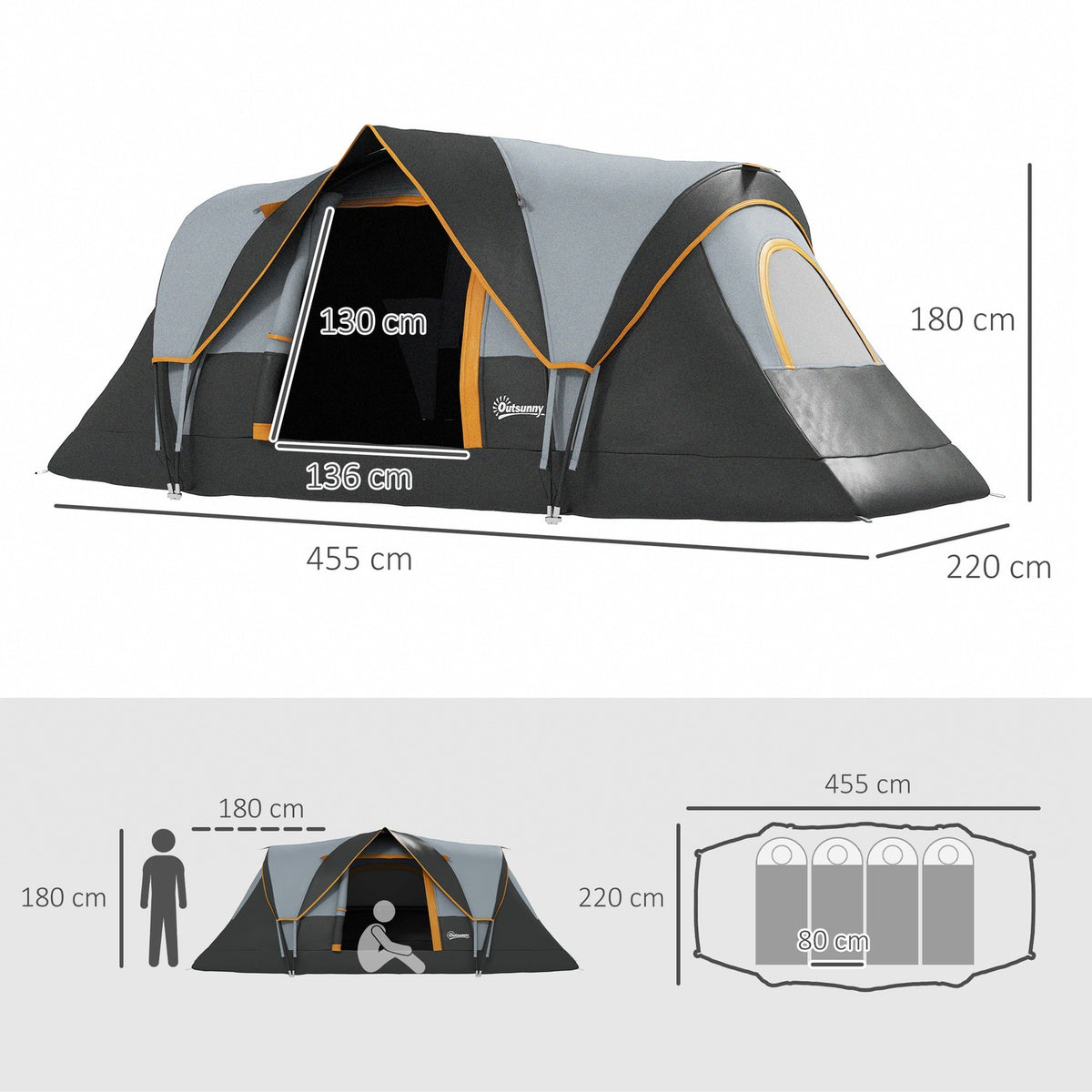 Camping tent for 5-6 people, stable, waterproof family tent with entrance window, packing bag, tent with 3000 mm water column, tunnel tent, dome tent for camping, travel, garden, light gray