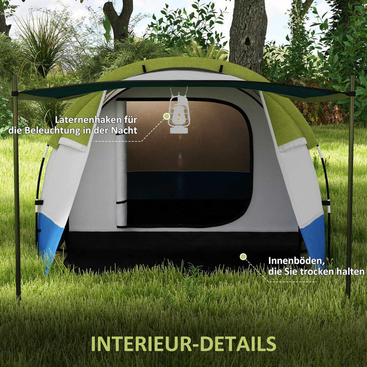 Camping tent, tunnel tent for 3 people, with light hooks, awning, 2 rooms, windproof family tent with carry bag, 2000mm water-repellent pop up tent for camping, garden, green |