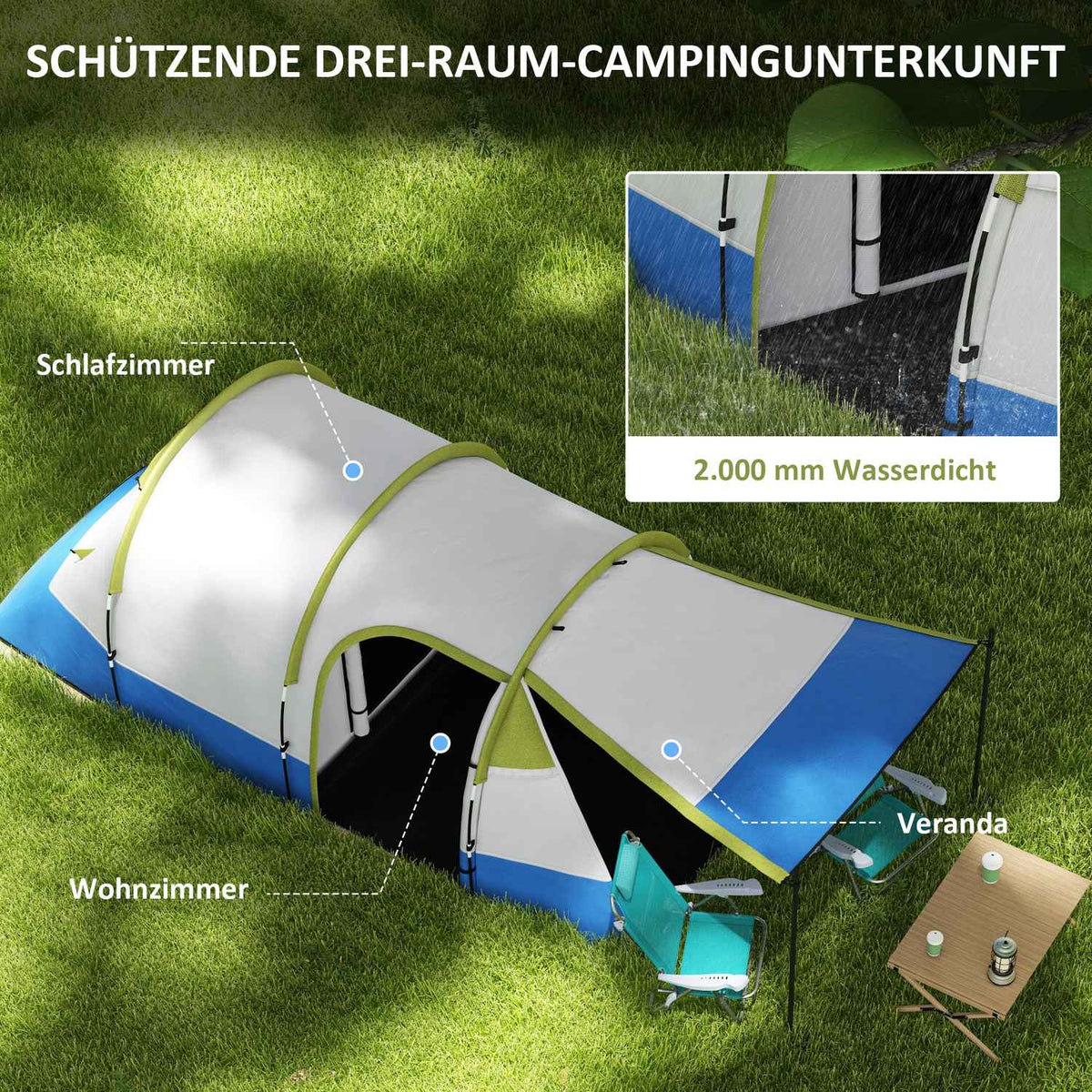 Camping tent, tunnel tent for 3 people, with light hooks, awning, 2 rooms, windproof family tent with carry bag, 2000mm water-repellent pop up tent for camping, garden, green |