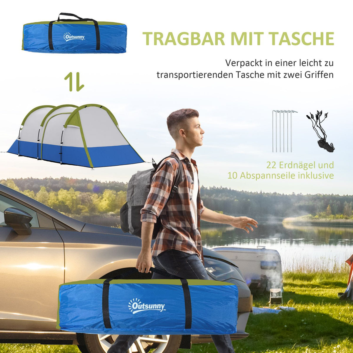 Camping tent, tunnel tent for 3 people, with light hooks, awning, 2 rooms, windproof family tent with carry bag, 2000mm water-repellent pop up tent for camping, garden, green |
