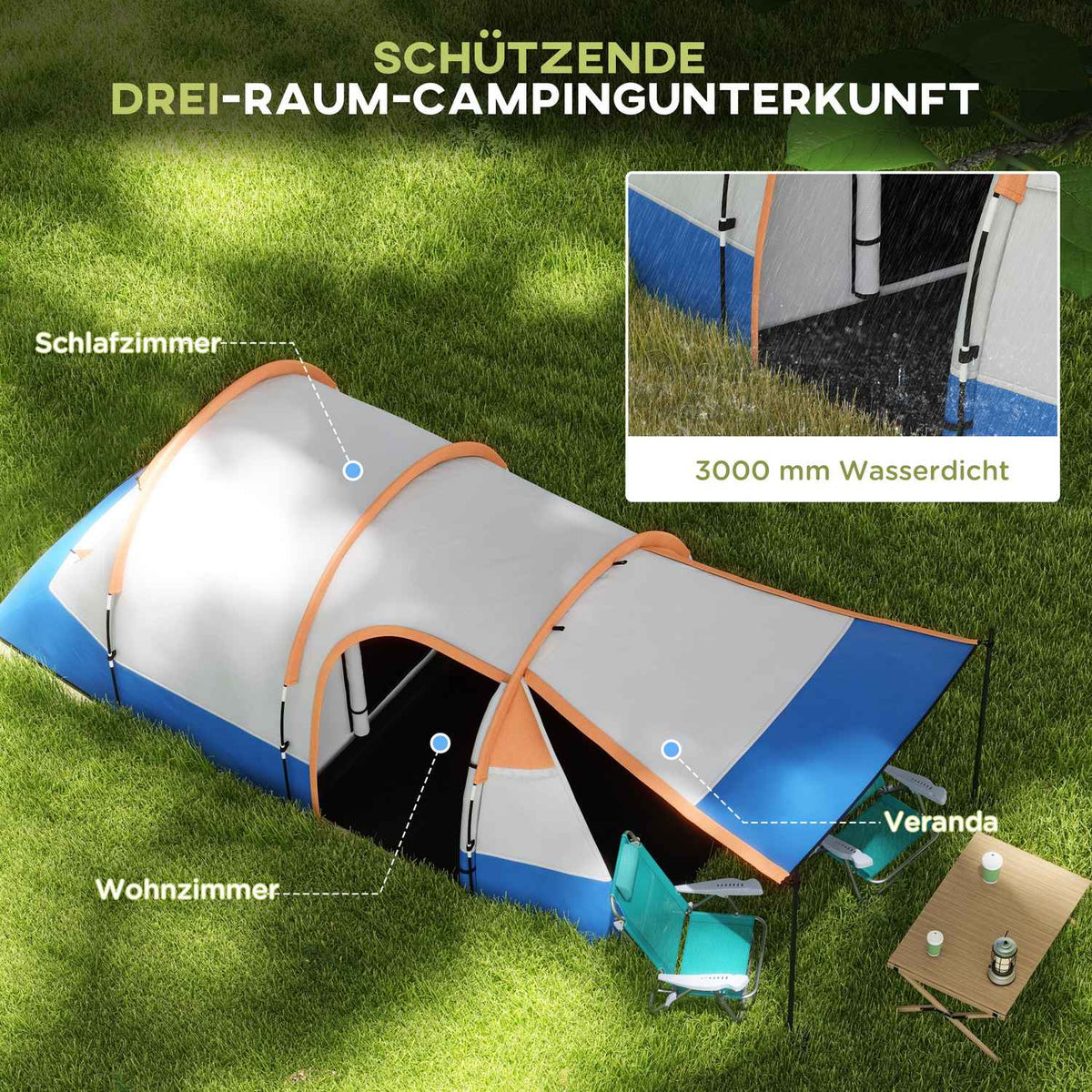 Camping tent, tunnel tent for 3 people, with light hooks, awning, 2 rooms, windproof family tent with carry bag, 2000mm water-repellent pop up tent for camping, garden, orange
